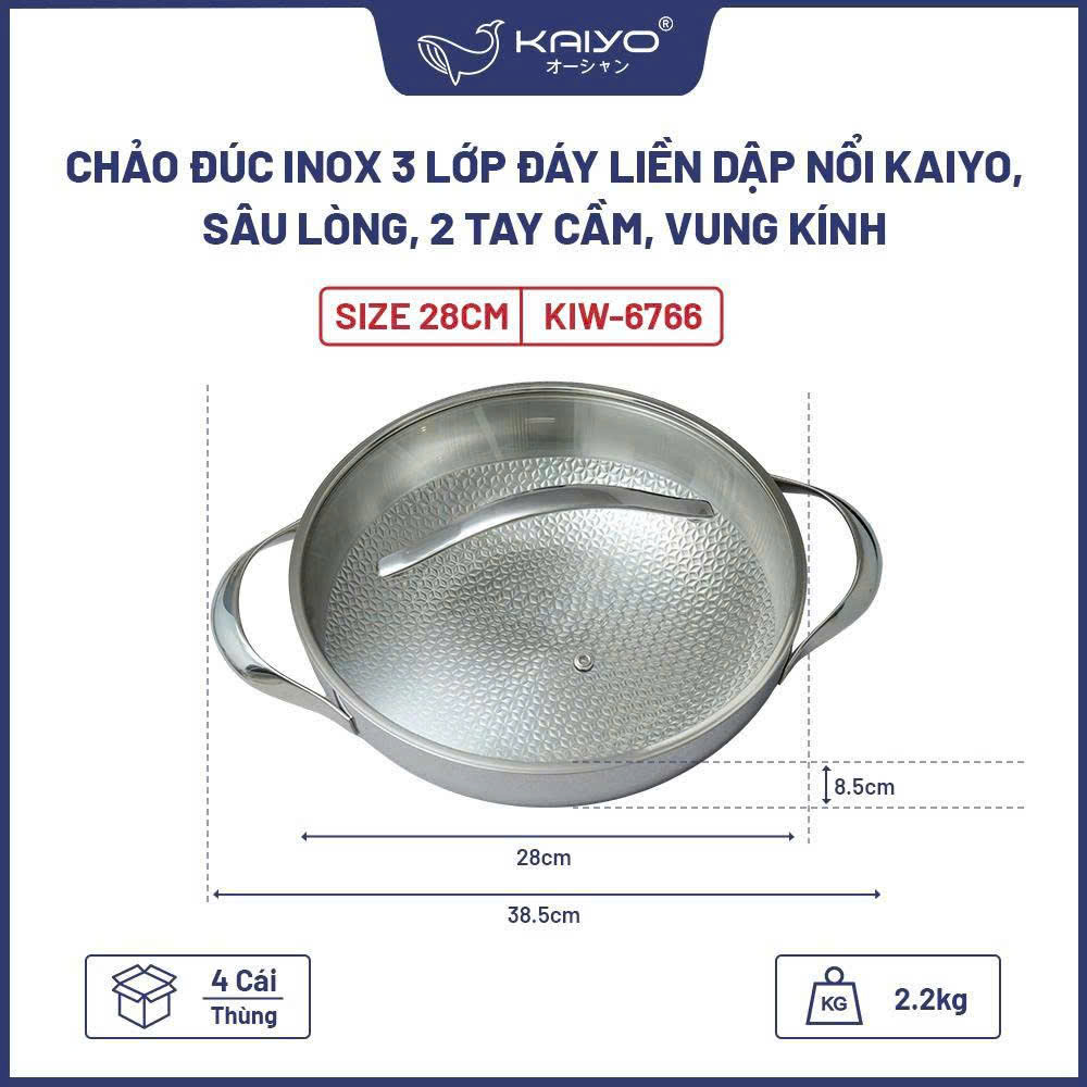 Chảo đúc inox 3 lớp đáy liền dập nổi Kaiyo sâu lòng, 2 tay cầm, vung kính size 28cm [mã KIW-6766]