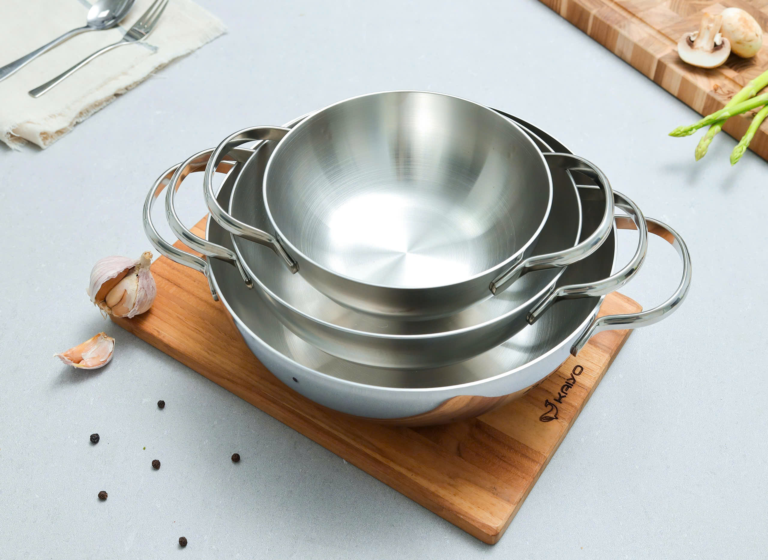 Chảo đúc inox 3 lớp thân đáy liền Kaiyo, sâu lòng, 2 tay cầm, size 20cm (Classic Pro) [KIW-6872]