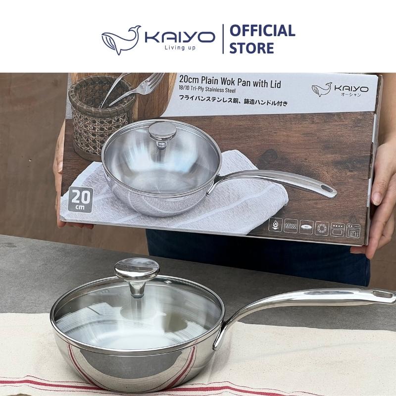 Chảo đúc inox sâu lòng 3 lớp đáy liền Tri-Ply Kaiyo size 20cm, có vung kính