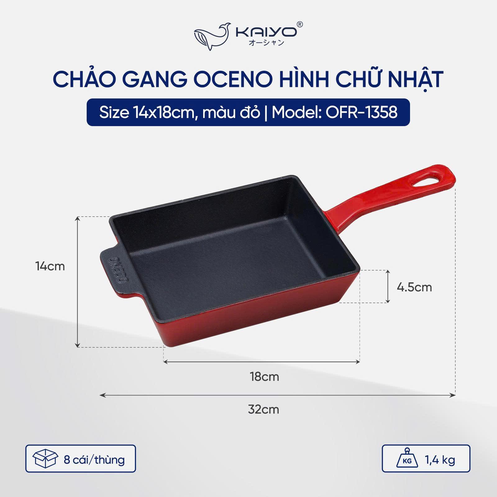 Chảo gang Oceno hình chữ nhật, size 14x18cm, màu đỏ [mã OFR-1358]
