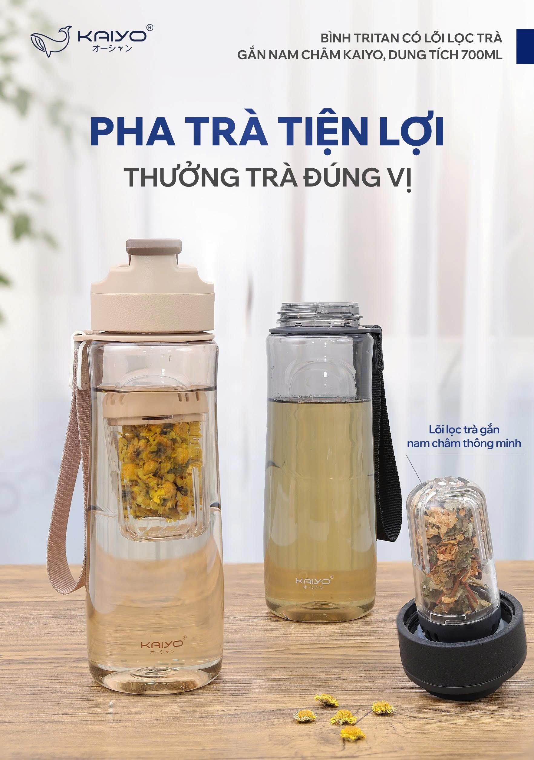 Bình Tritan có lõi lọc trà gắn nam châm Kaiyo, 700ml, màu đen [mã KTB-8319]