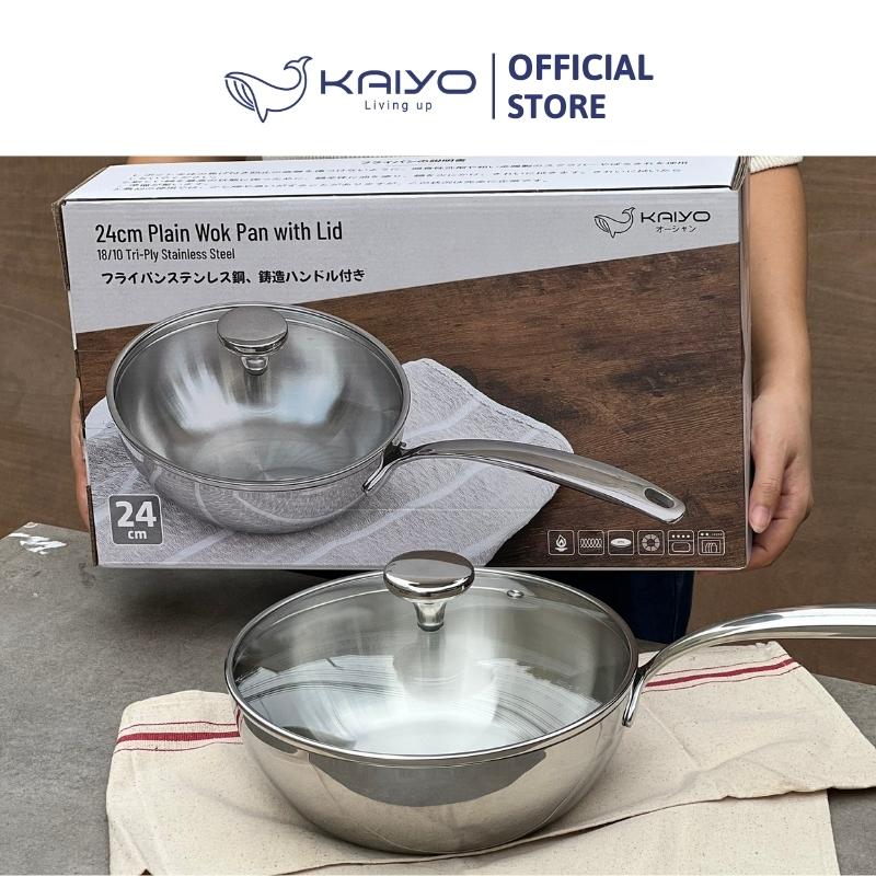 Chảo đúc inox sâu lòng 3 lớp đáy liền Tri-Ply Kaiyo size 24cm, có vung kính