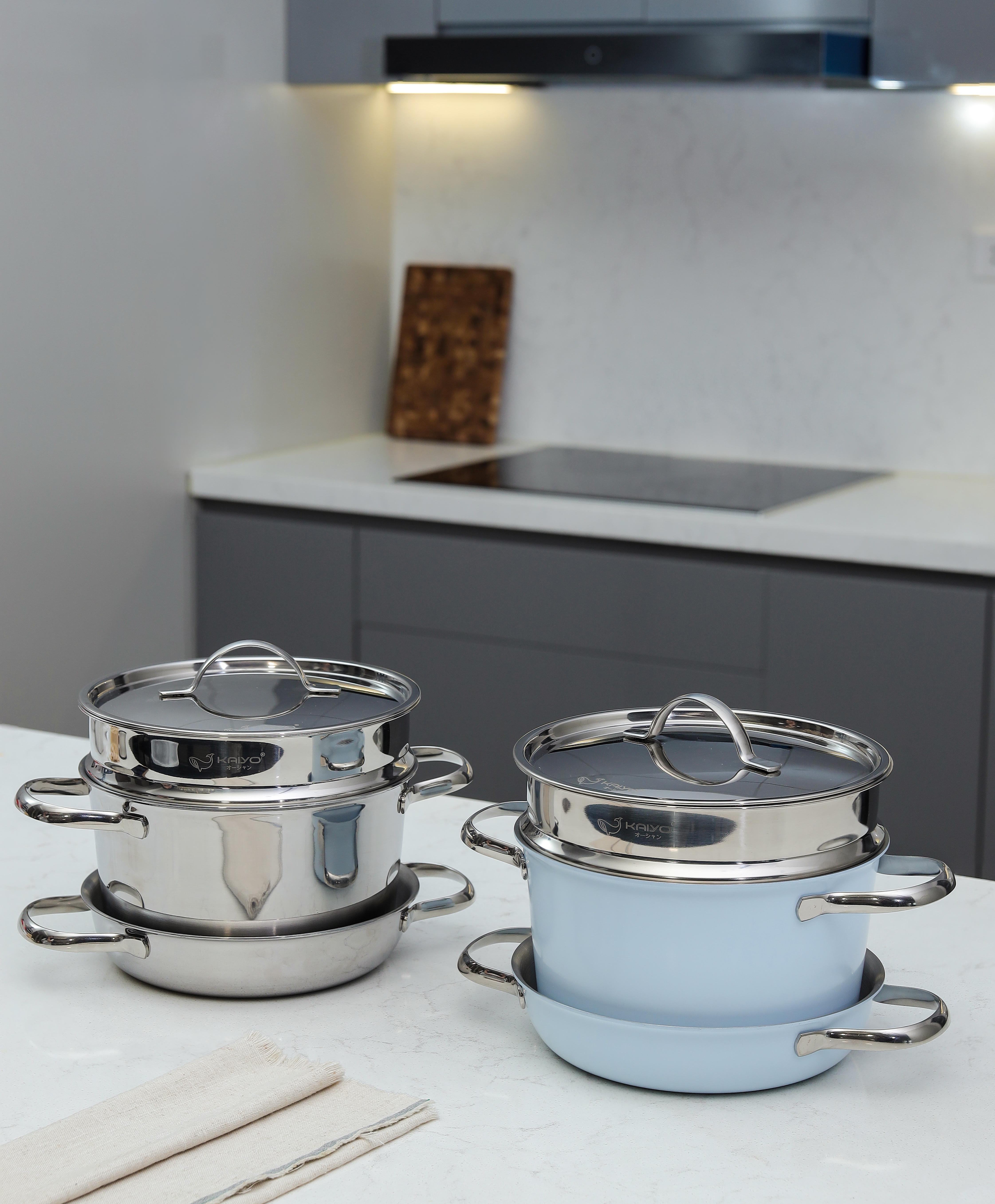 Bộ nồi, chảo, xửng inox 304 Stackable Kaiyo, size 20cm, màu inox [mã KSC-1594]