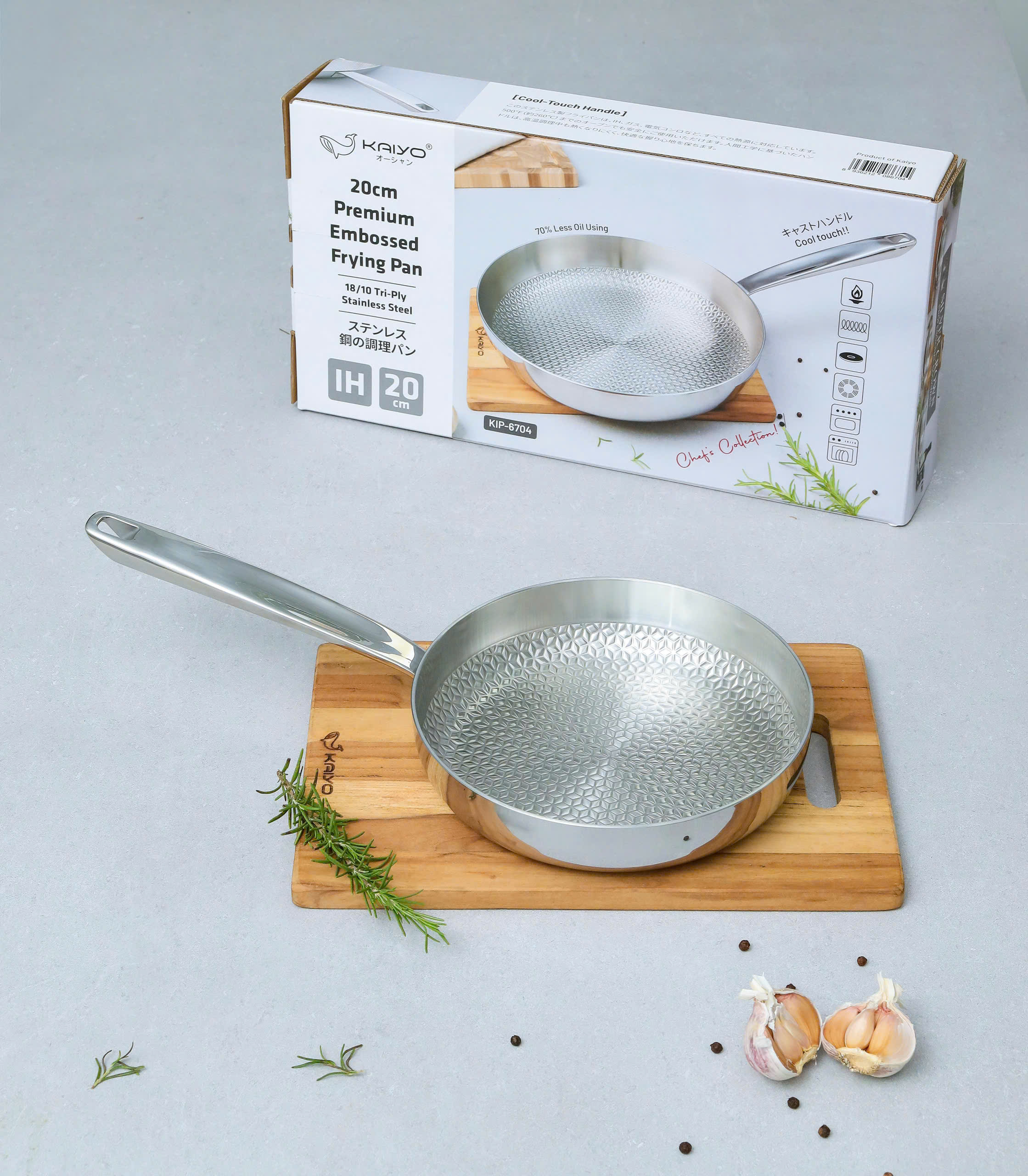 Chảo đúc inox 3 lớp thân đáy liền dập nổi Kaiyo, dáng cạn size 20cm [mã KIP-6704]