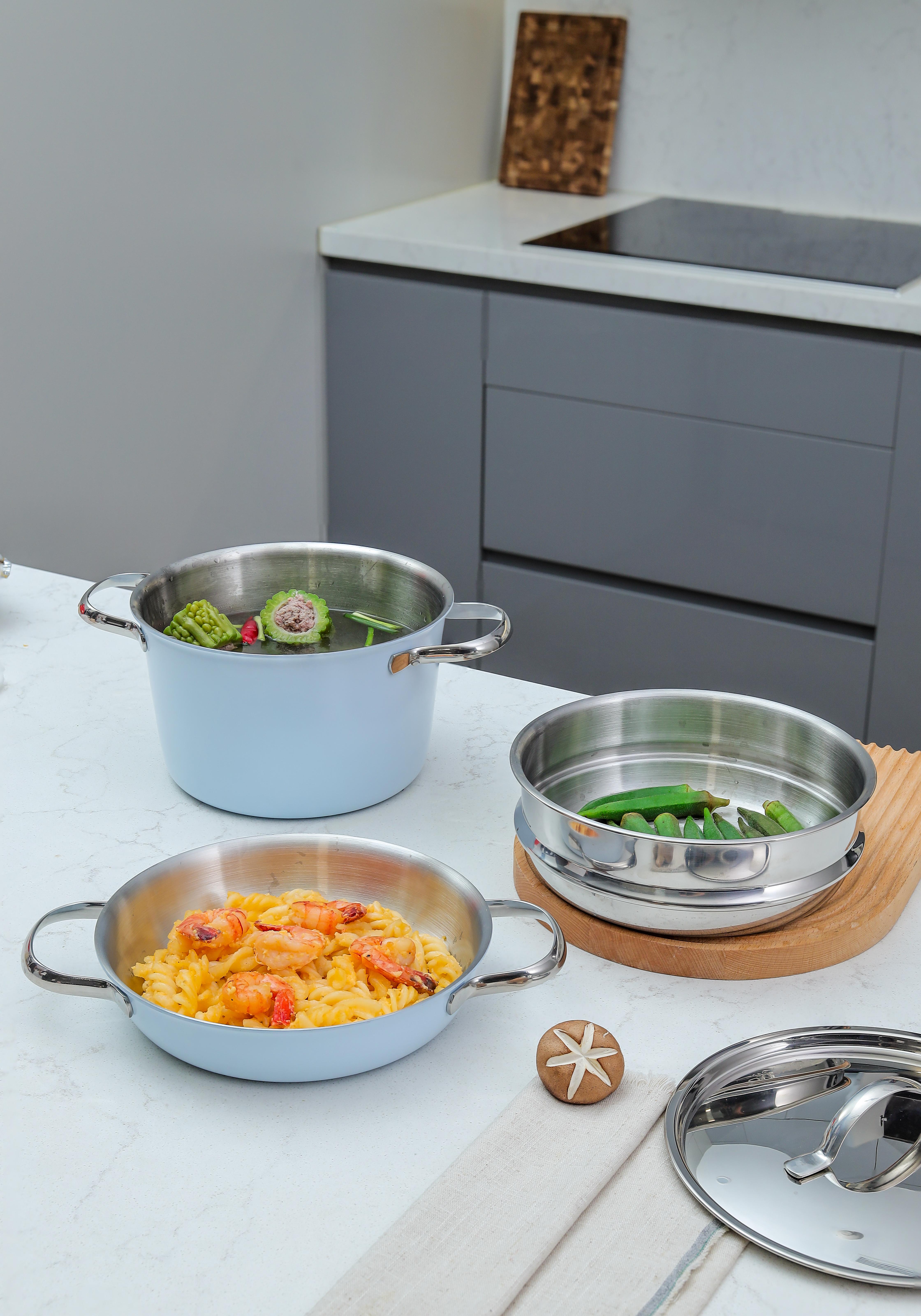 Bộ nồi, chảo, xửng inox 304 Stackable Kaiyo, size 20cm, màu xanh [mã KSC-1600]