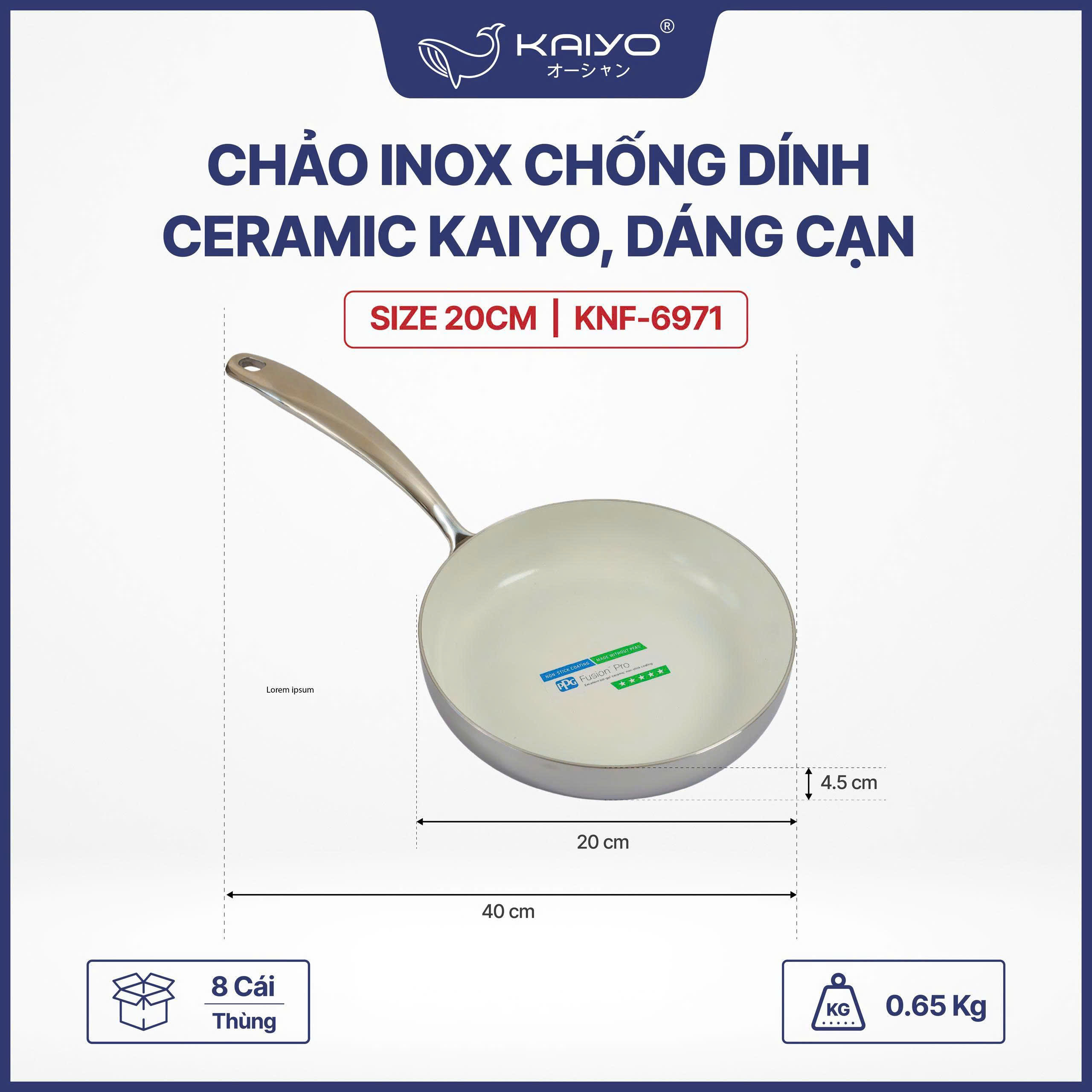 Chảo inox chống dính Ceramic Kaiyo, dáng cạn size 20cm [mã KNF-6971]