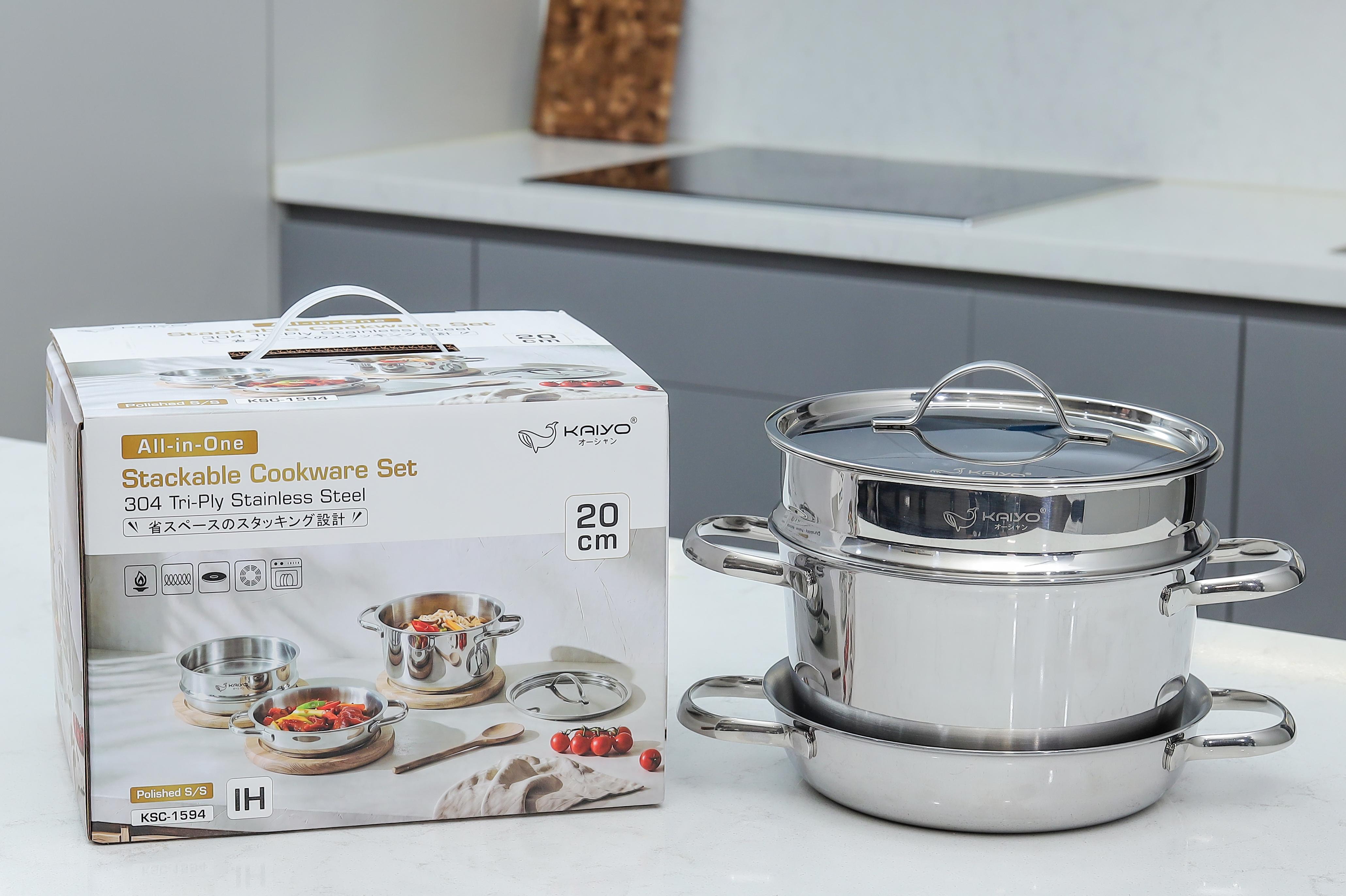 Bộ nồi, chảo, xửng inox 304 Stackable Kaiyo, size 20cm, màu inox [mã KSC-1594]