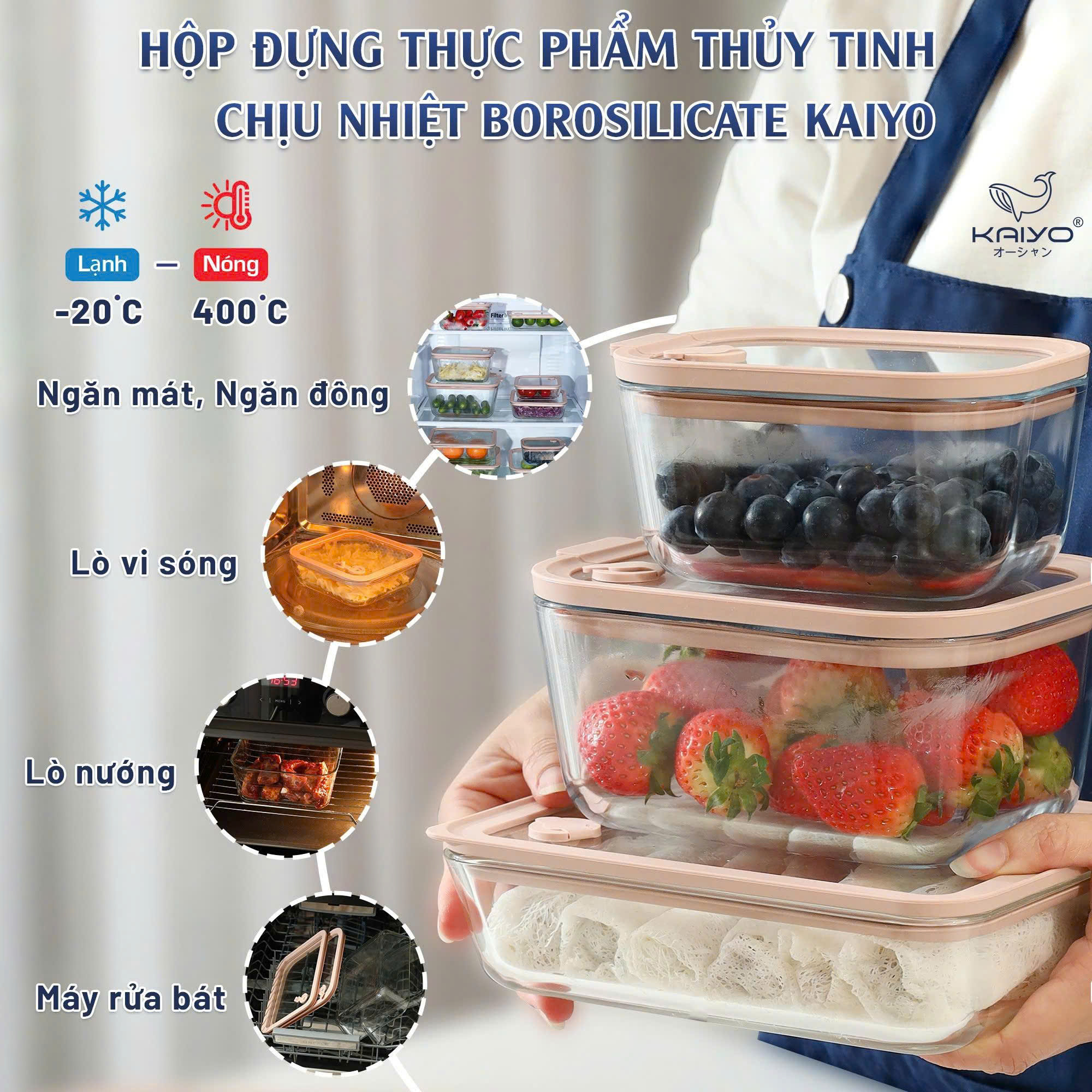 Hộp đựng thực phẩm thuỷ tinh chịu nhiệt borosilicate hình vuông Kaiyo 540ml [mã KFC-5233]