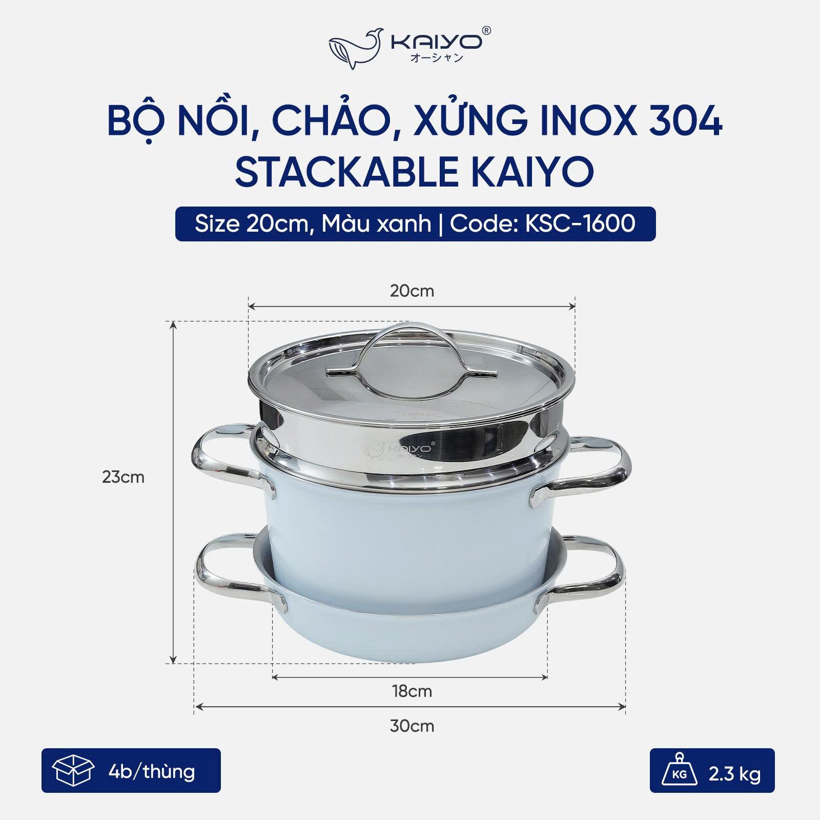 Bộ nồi, chảo, xửng inox 304 Stackable Kaiyo, size 20cm, màu xanh [mã KSC-1600]