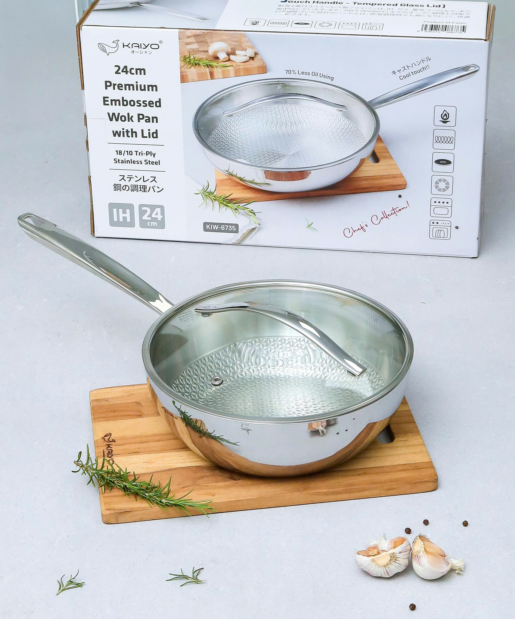 Chảo đúc inox 3 lớp thân đáy liền dập nổi Kaiyo, sâu lòng có vung kính size 24cm [mã KIW-6735]