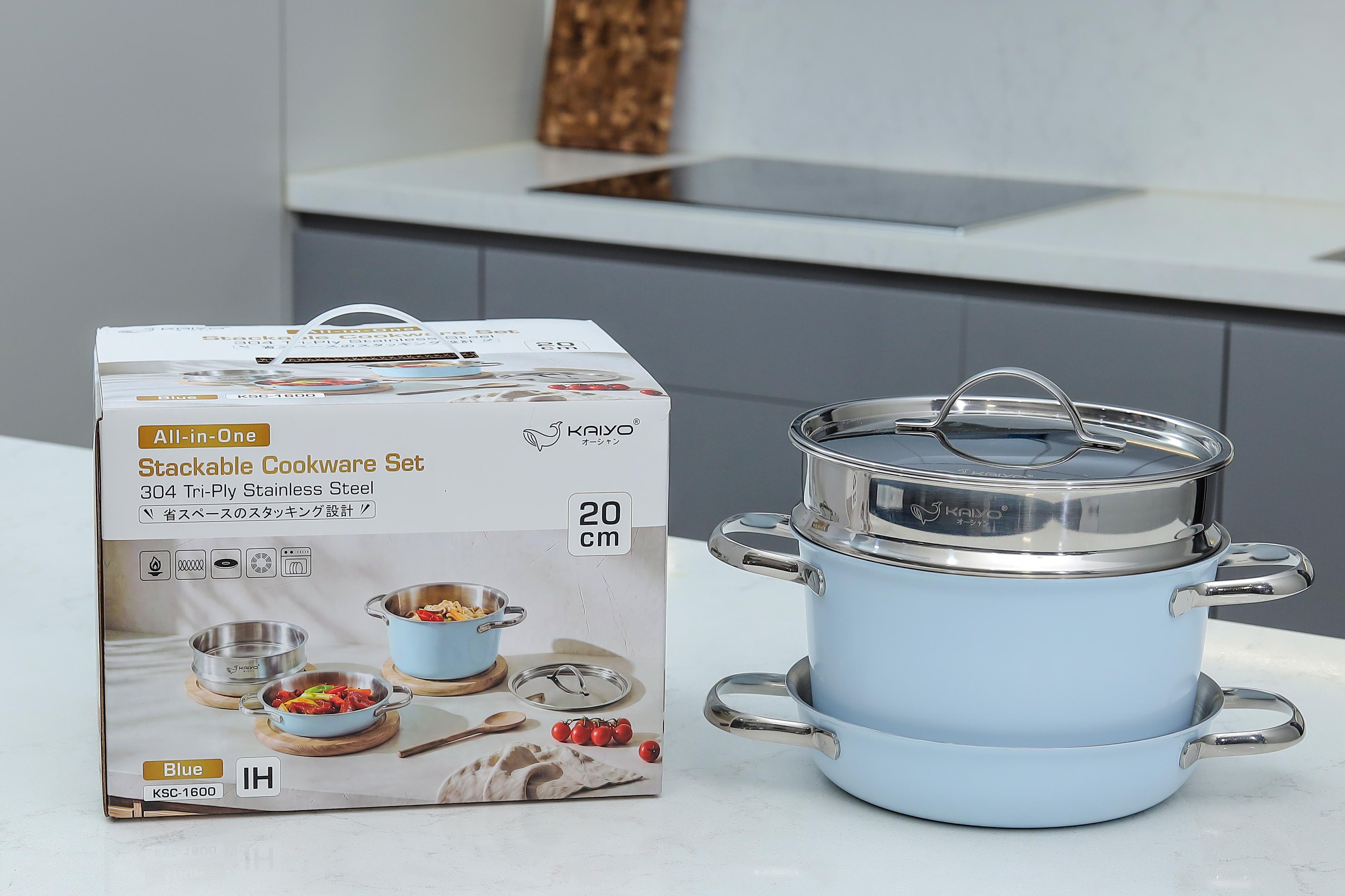 Bộ nồi, chảo, xửng inox 304 Stackable Kaiyo, size 20cm, màu xanh [mã KSC-1600]