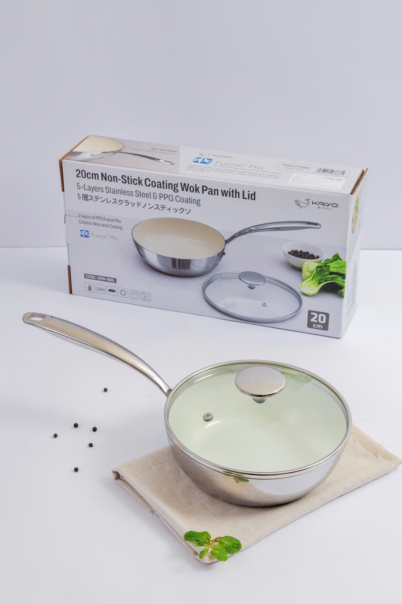Chảo inox chống dính Ceramic Kaiyo, sâu lòng có vung kính size 20cm [mã KNW-6681]