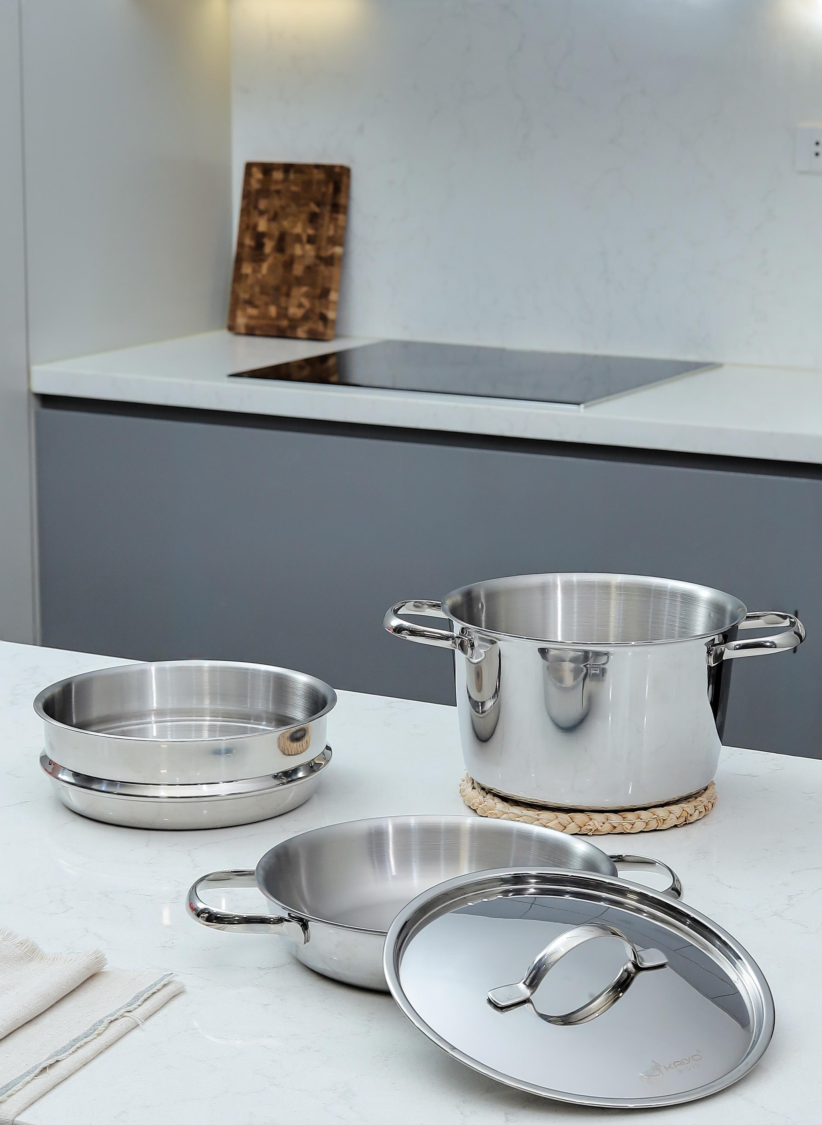 Bộ nồi, chảo, xửng inox 304 Stackable Kaiyo, size 20cm, màu inox [mã KSC-1594]