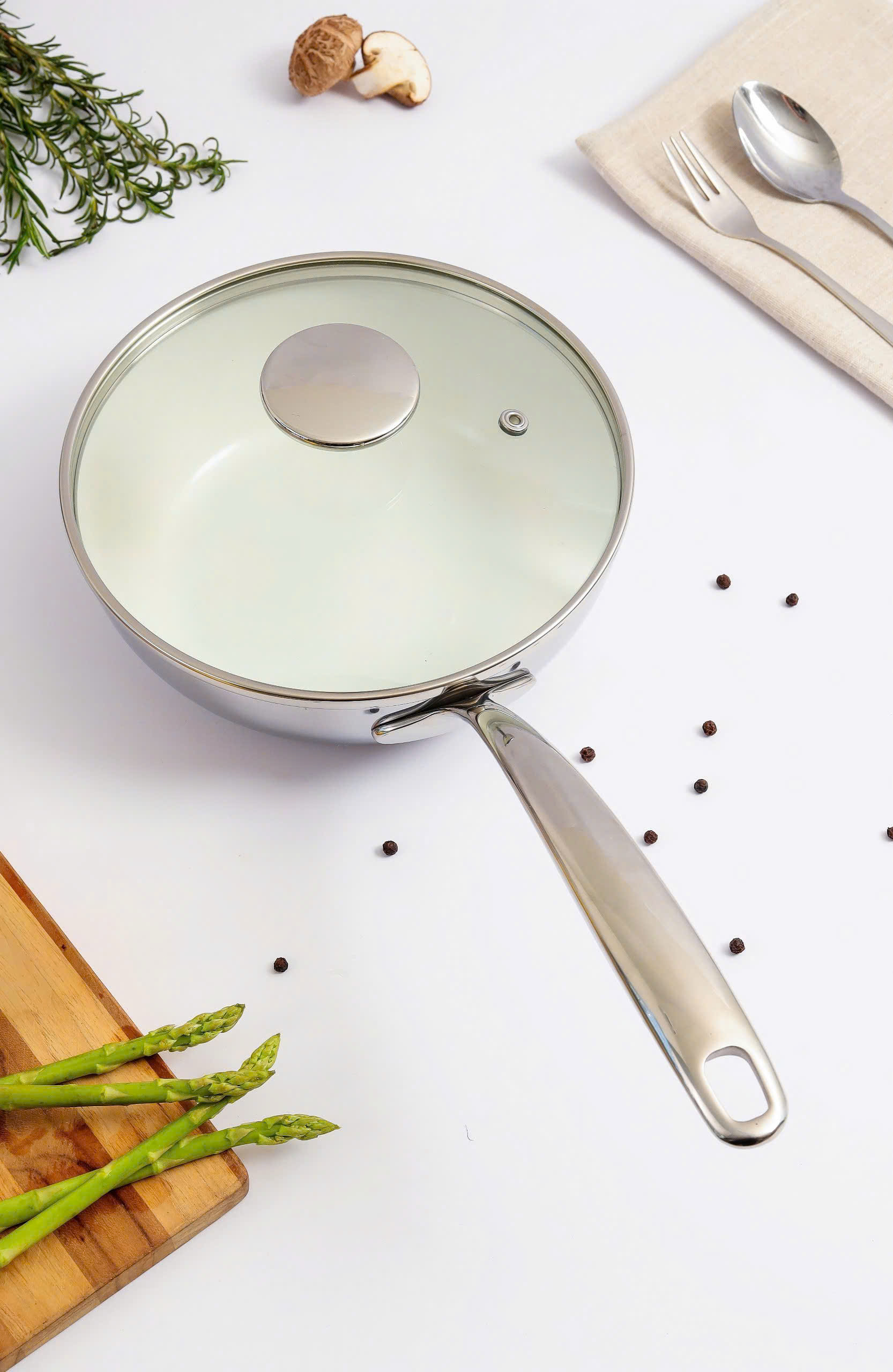 Chảo inox chống dính Ceramic Kaiyo, sâu lòng có vung kính size 20cm [mã KNW-6681]