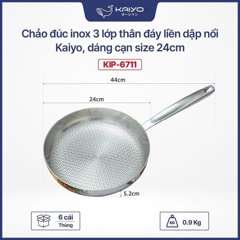 Chảo đúc inox 3 lớp thân đáy liền dập nổi Kaiyo, dáng cạn size 24cm [mã KIP-6711]