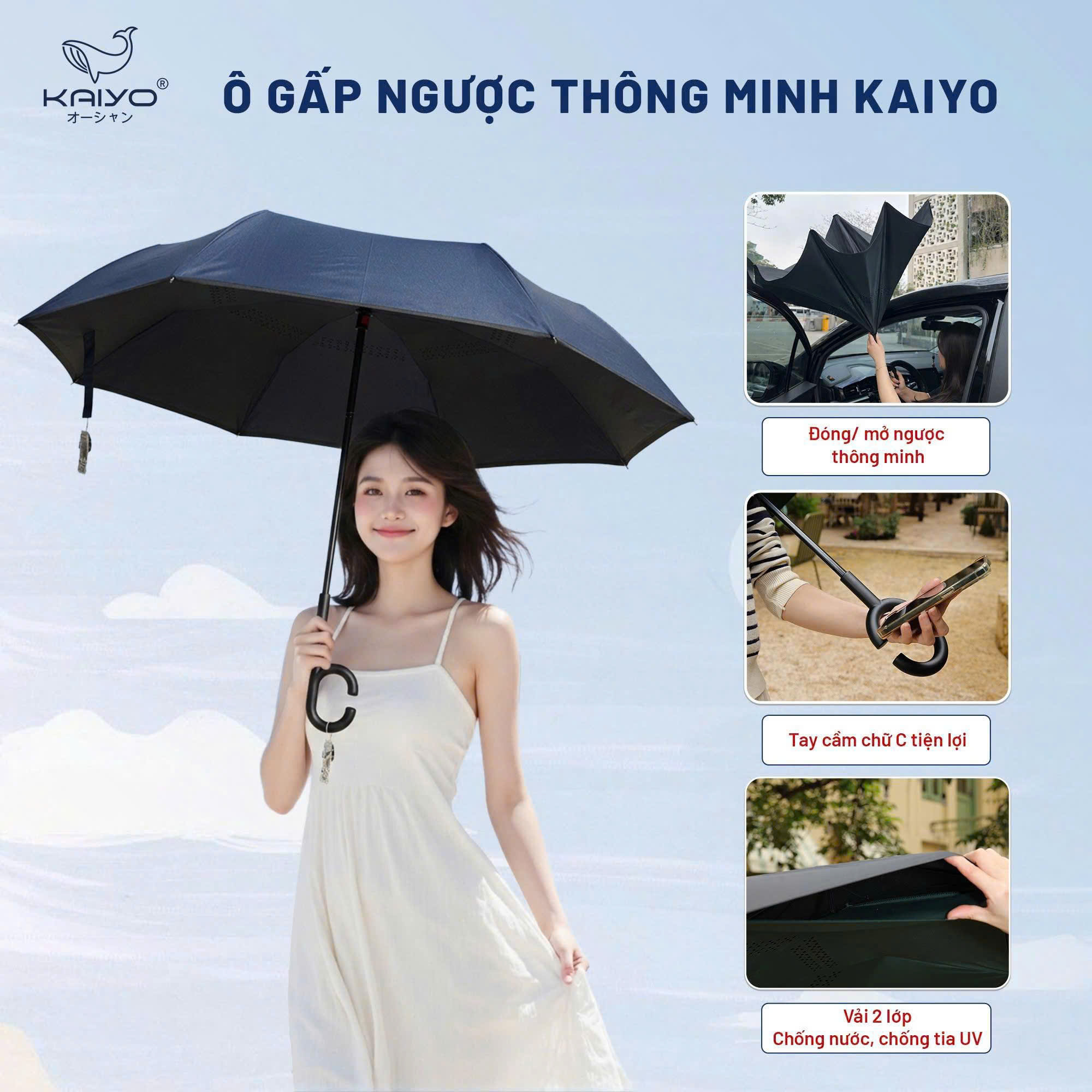 Ô gấp ngược thông minh Kaiyo, màu xanh navy [mã KCU-9583]