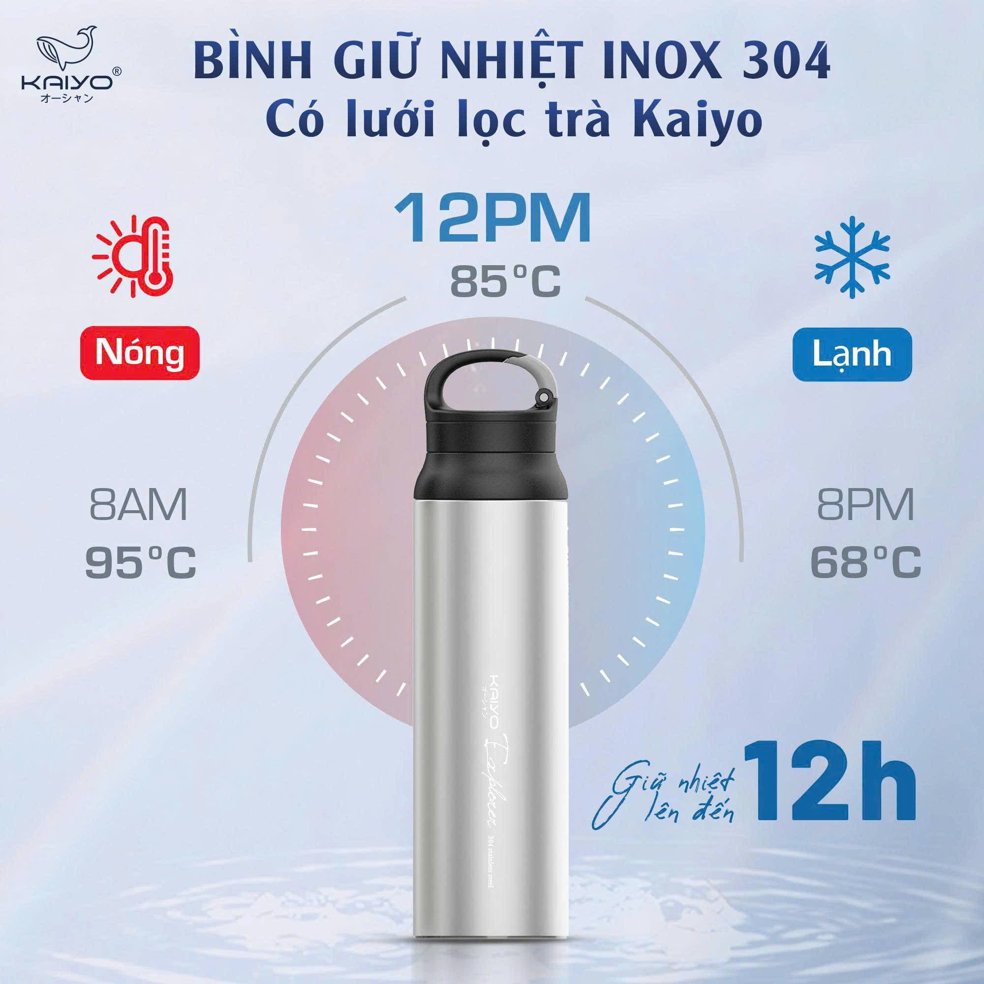 Bình giữ nhiệt inox 304 có lưới lọc trà Kaiyo, dung tích 800ml, màu Silver [mã KVB-6827]