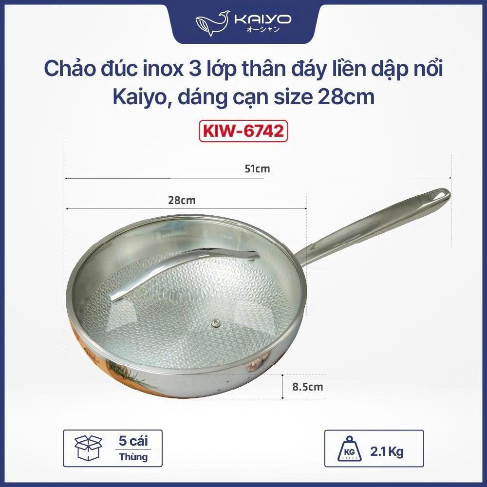 Chảo đúc inox 3 lớp thân đáy liền dập nổi Kaiyo, sâu lòng có vung kính size 28cm [mã KIW-6742]
