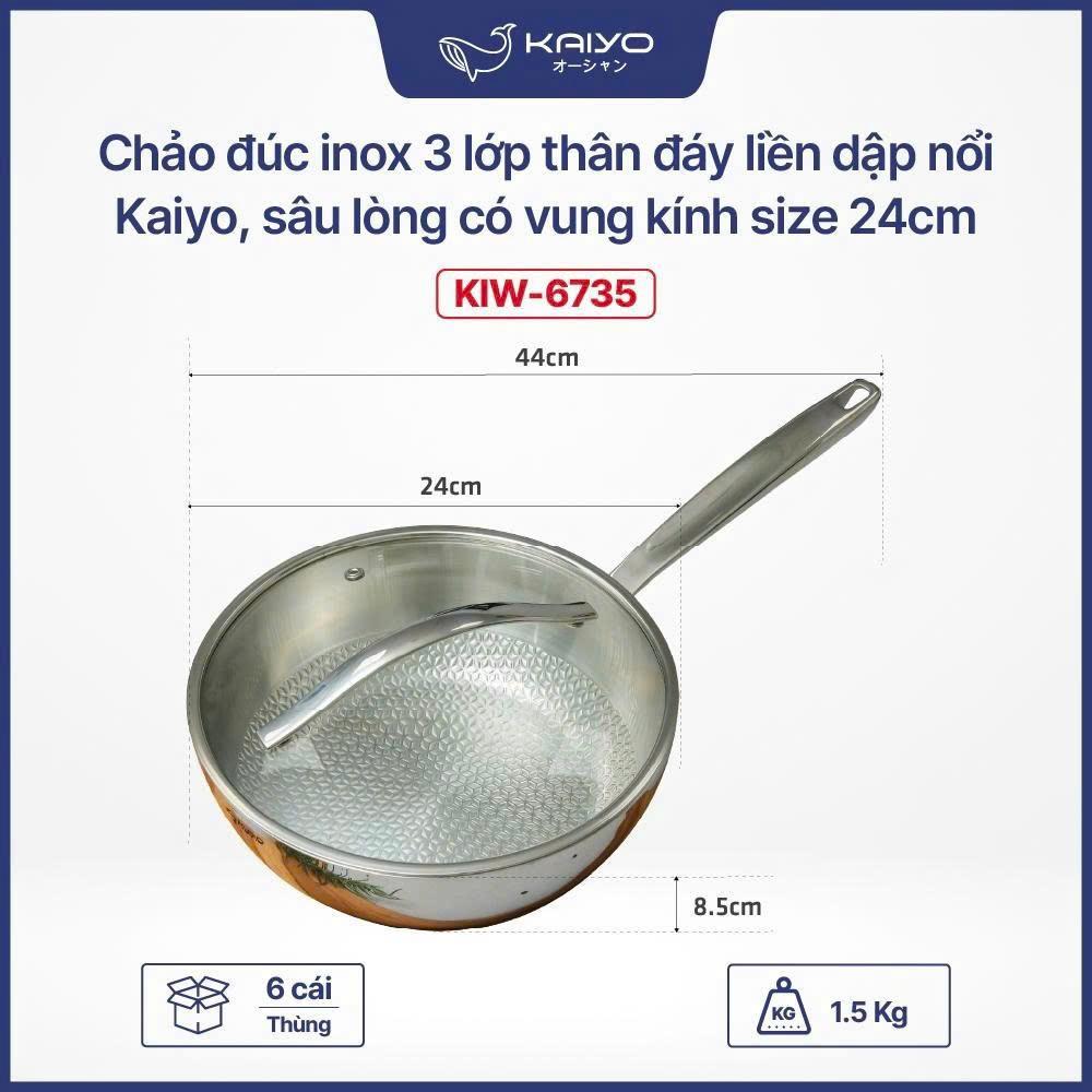 Chảo đúc inox 3 lớp thân đáy liền dập nổi Kaiyo, sâu lòng có vung kính size 24cm [mã KIW-6735]