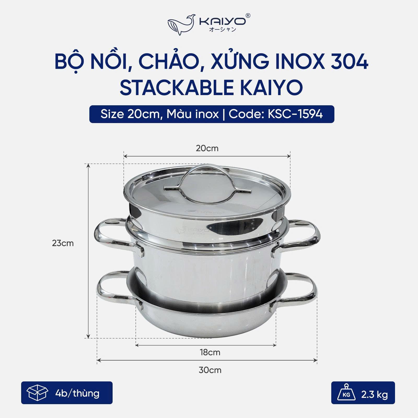 Bộ nồi, chảo, xửng inox 304 Stackable Kaiyo, size 20cm, màu inox [mã KSC-1594]