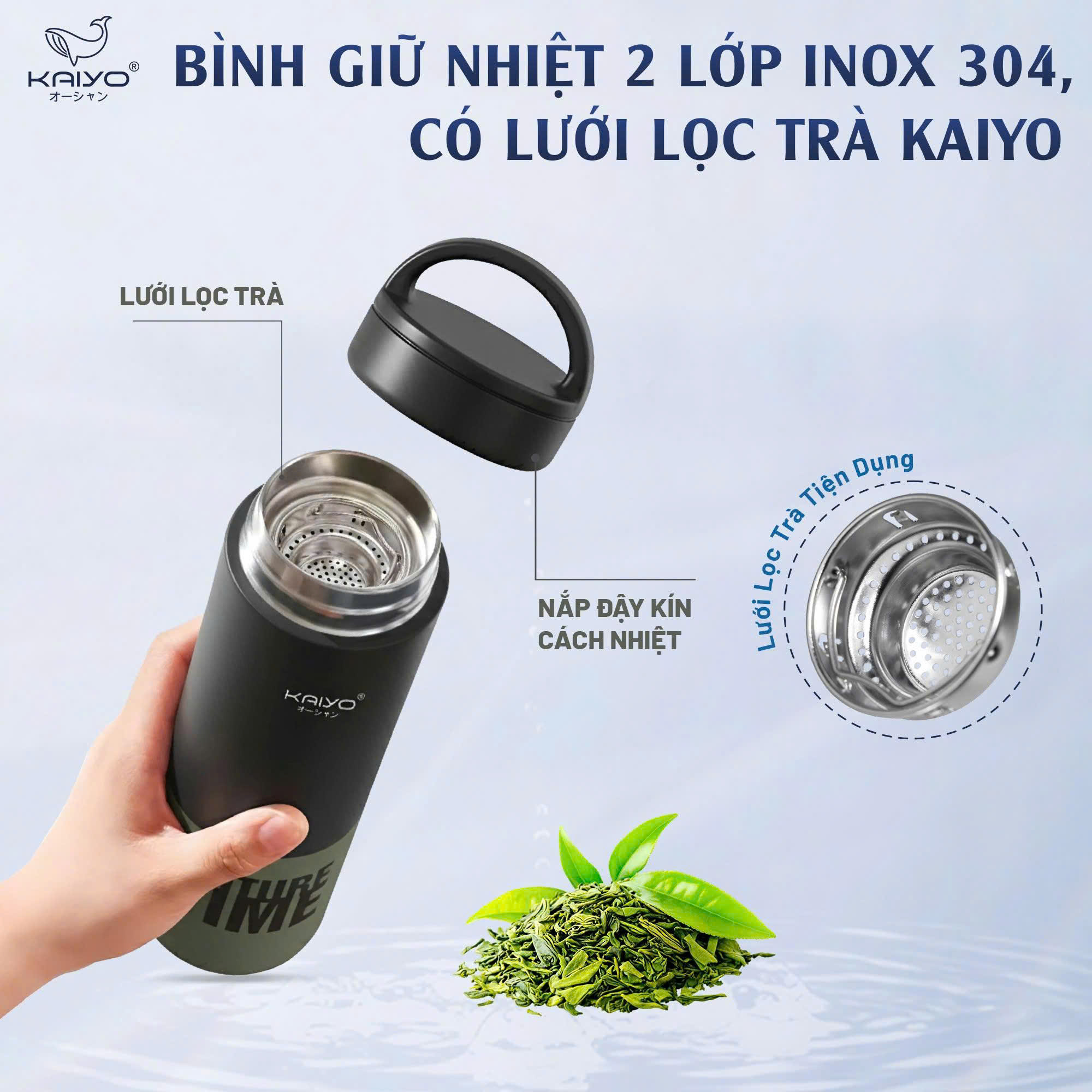 Bình giữ nhiệt hai lớp inox 304 Kaiyo, 700ml, màu đen nhám và xanh olive [KVF-1532]