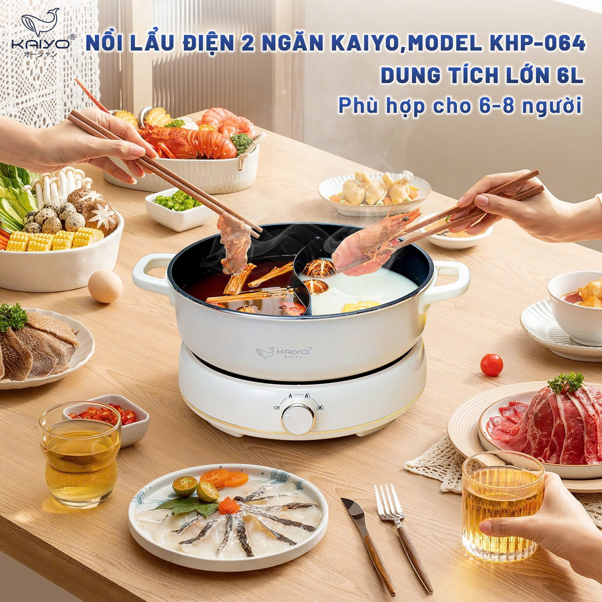 Nồi lẩu điện 2 ngăn Kaiyo, model KHP-064