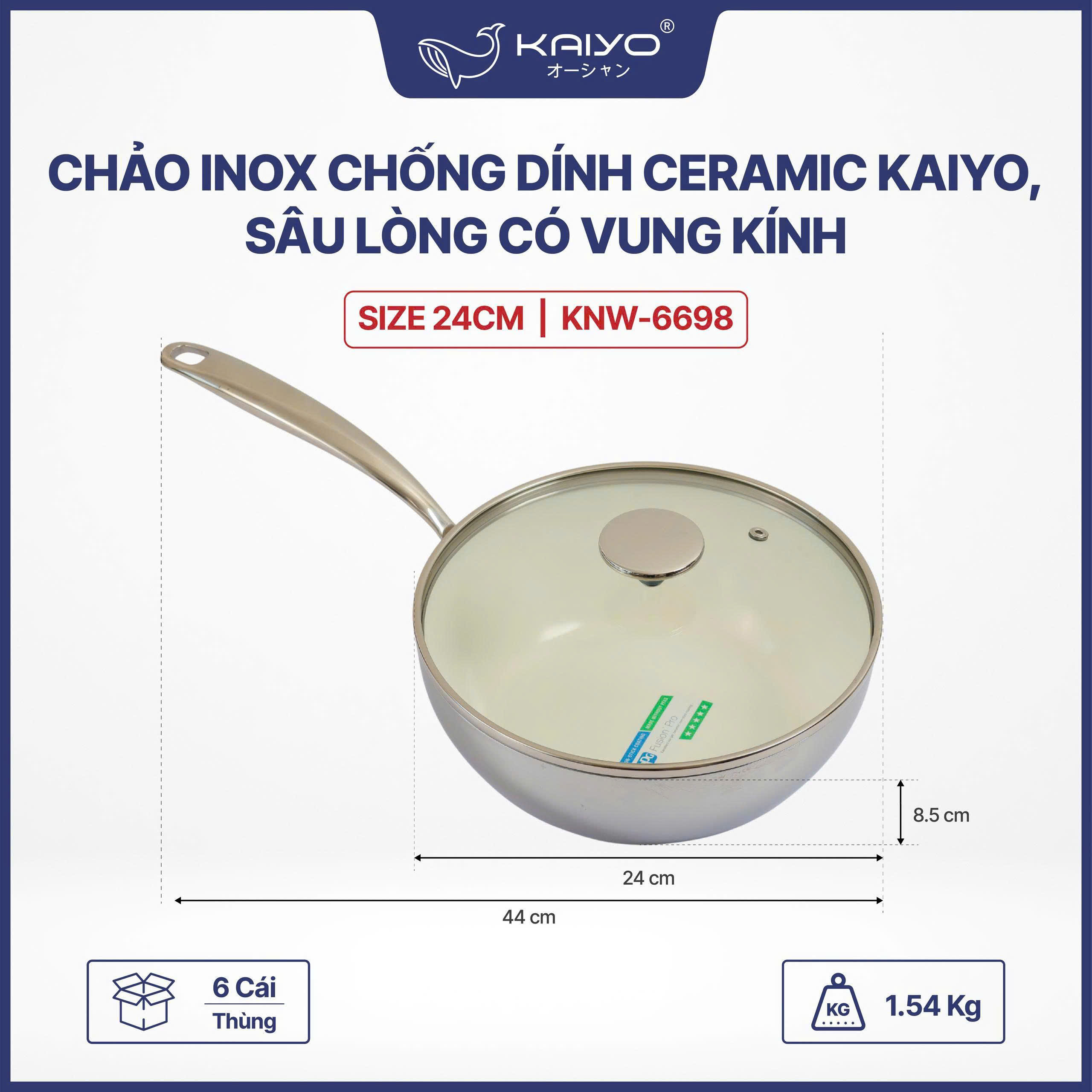 Chảo inox chống dính Ceramic Kaiyo, sâu lòng có vung kính size 24cm [mã KNW-6698]
