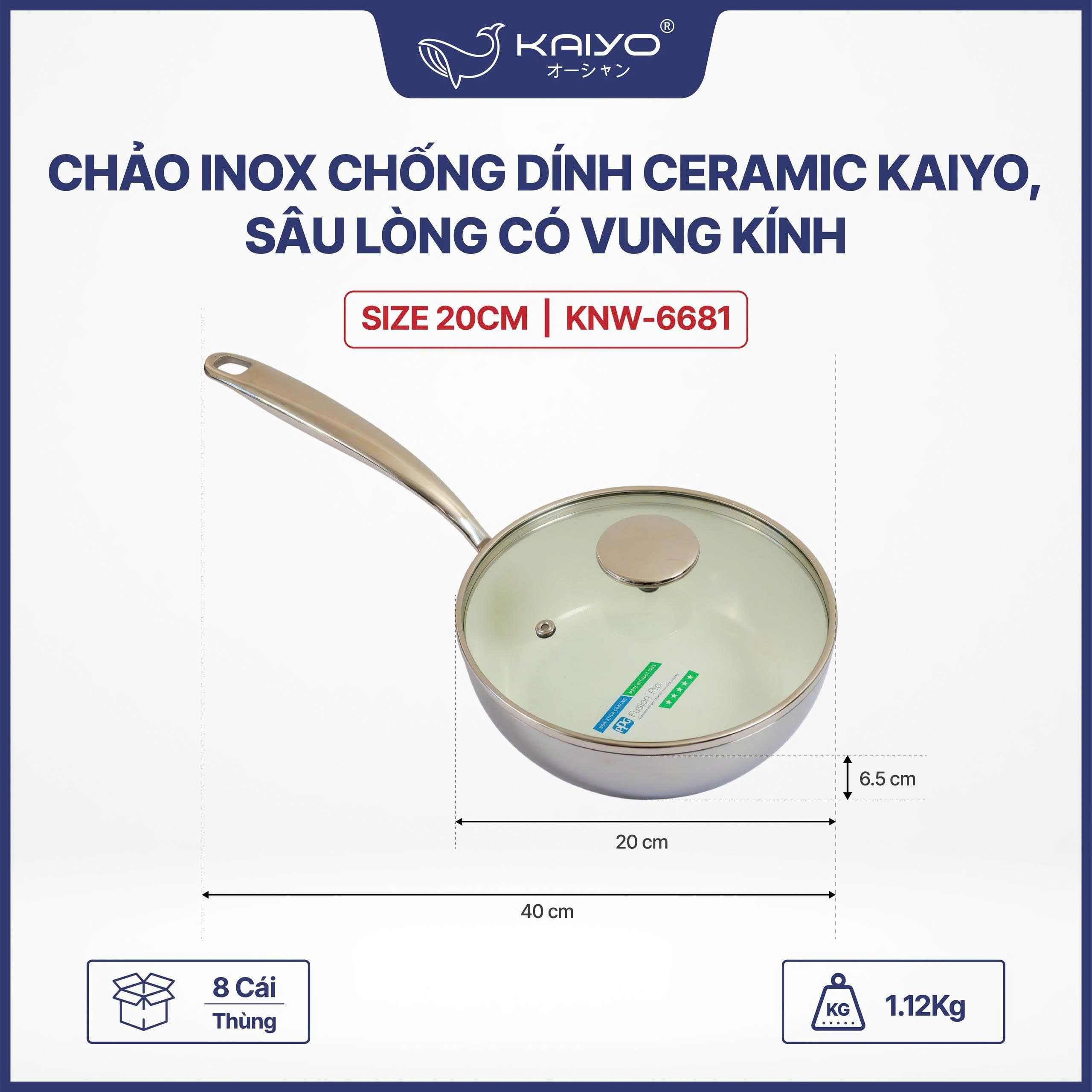 Chảo inox chống dính Ceramic Kaiyo, sâu lòng có vung kính size 20cm [mã KNW-6681]