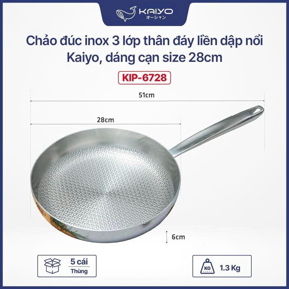 Chảo đúc inox 3 lớp thân đáy liền dập nổi Kaiyo, dáng cạn size 28cm [mã KIP-6728]