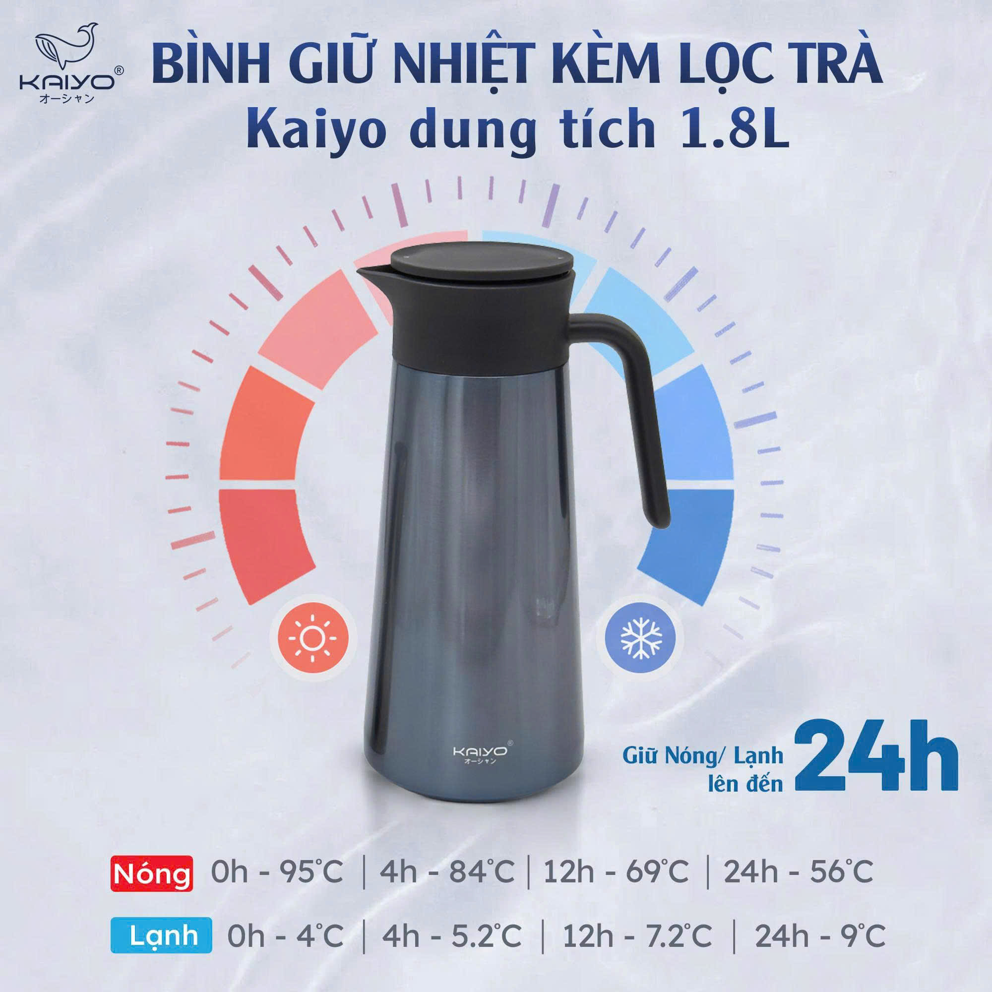 Bình giữ nhiệt kèm lọc trà Kaiyo dung tích 1.8L, màu ghi đá [mã KSV-6797]