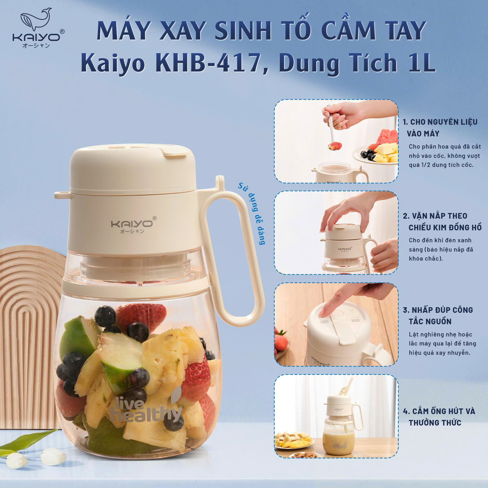 Máy xay sinh tố cầm tay Kaiyo KHB-417, dung tích 1L