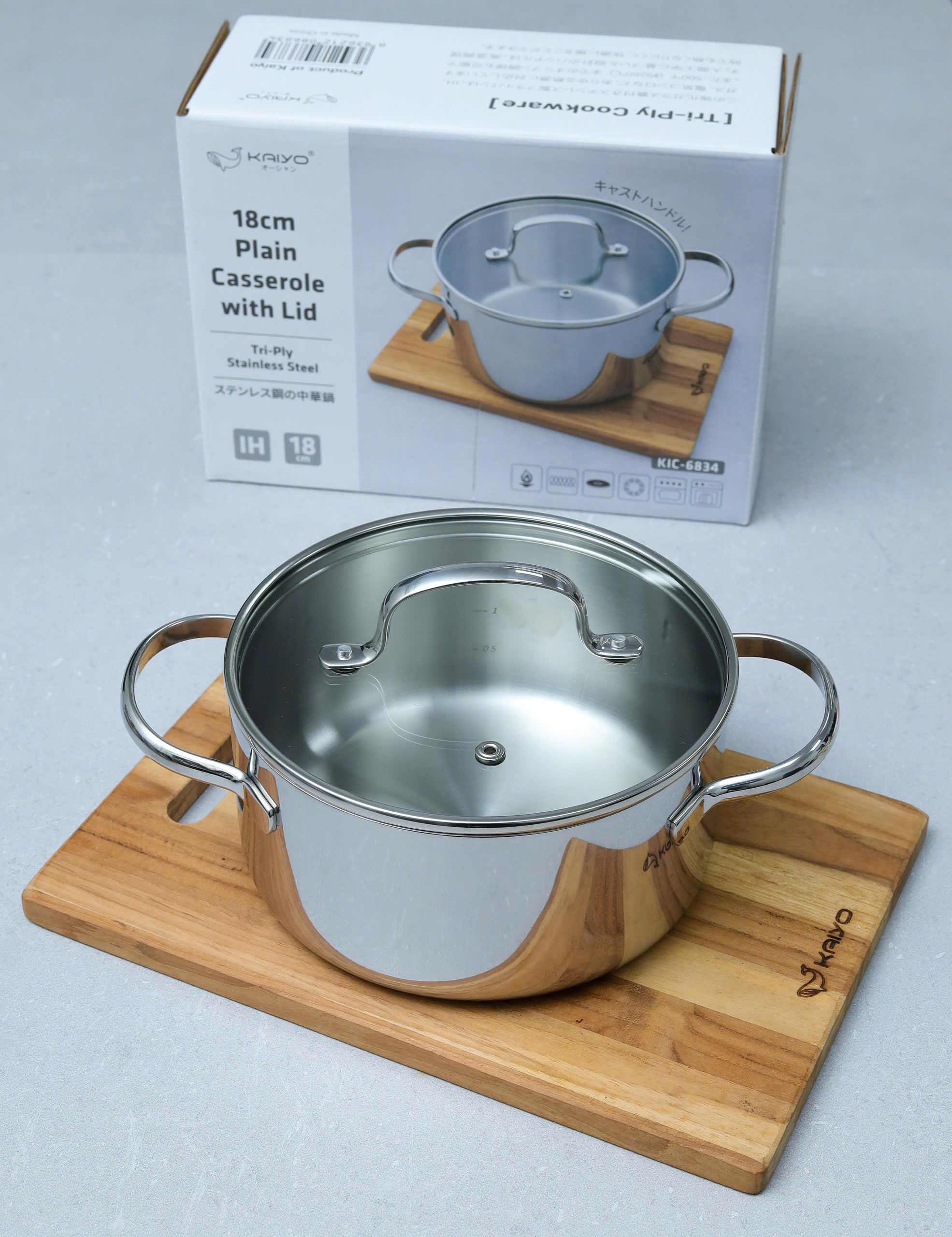 Nồi inox thân đáy liền Try-Ply Kaiyo, vung kính, size 18cm (Classic Pro) [KIC-6834]