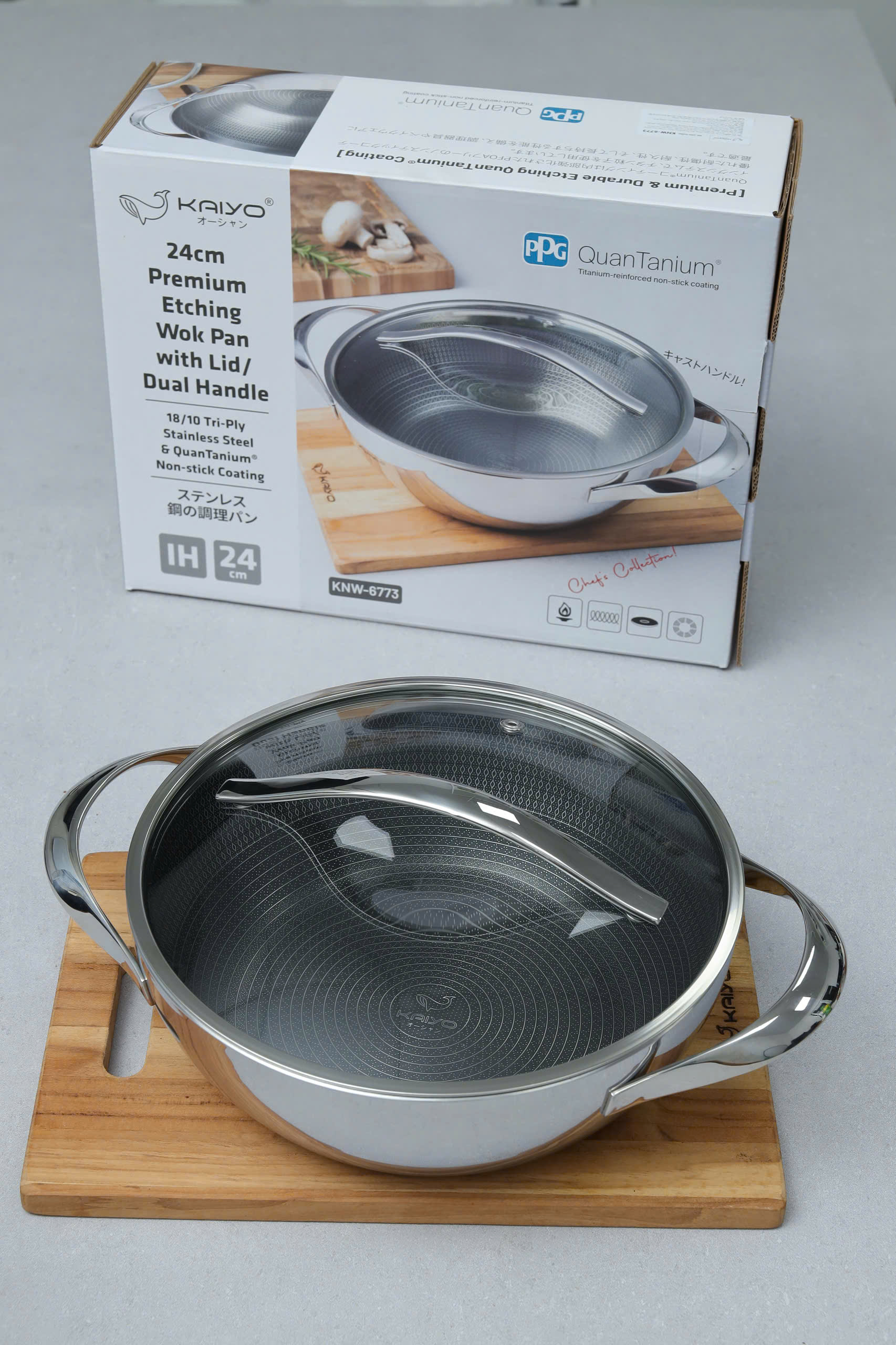 Chảo inox chống dính hoa văn nổi thân đáy liền Kaiyo, sâu lòng, 2 tay cầm, vung kính, size 24cm [KNW-6773]