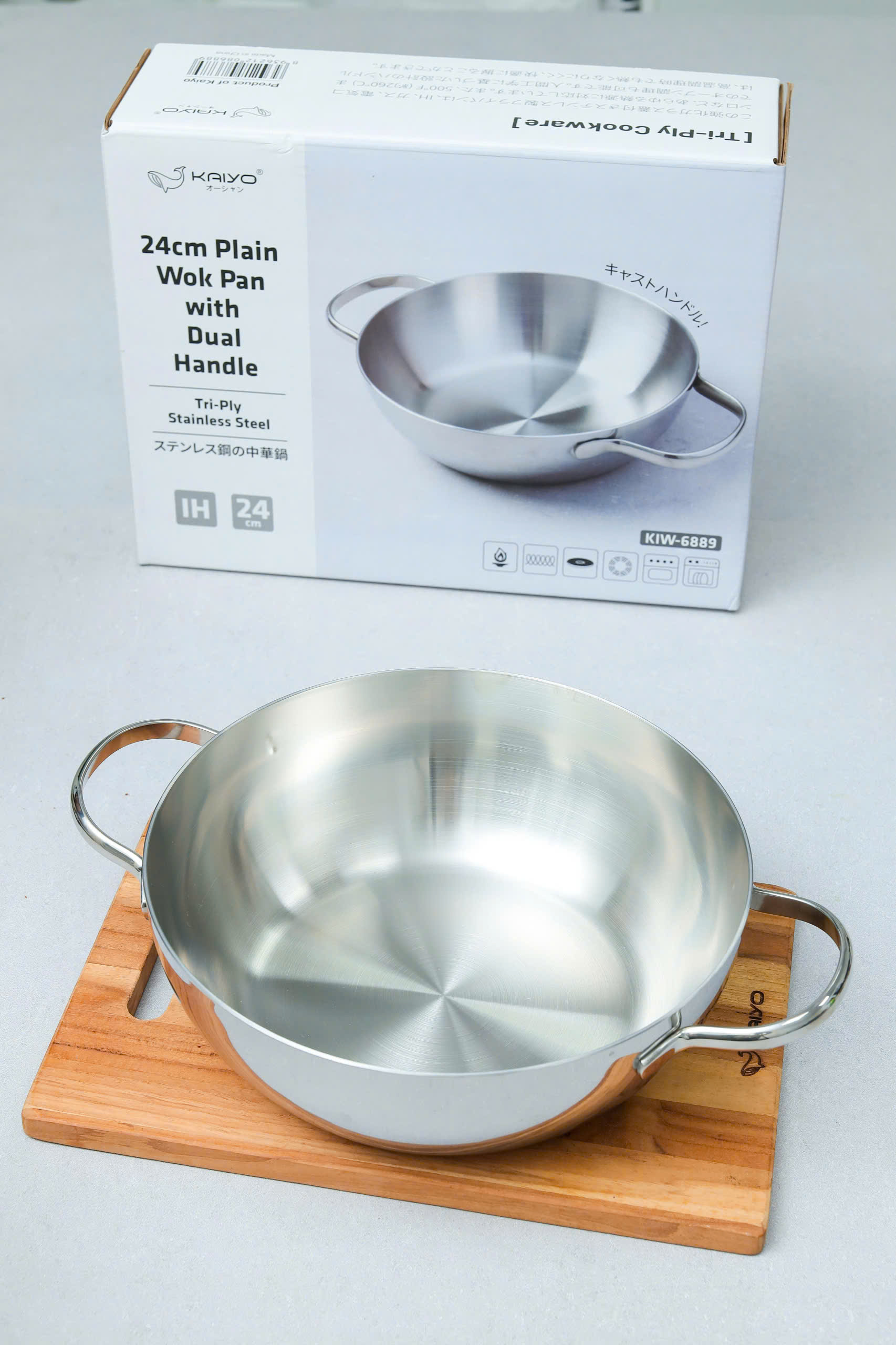 Chảo đúc inox 3 lớp thân đáy liền Kaiyo, sâu lòng, 2 tay cầm, size 24cm (Classic Pro) [KIW-6889]