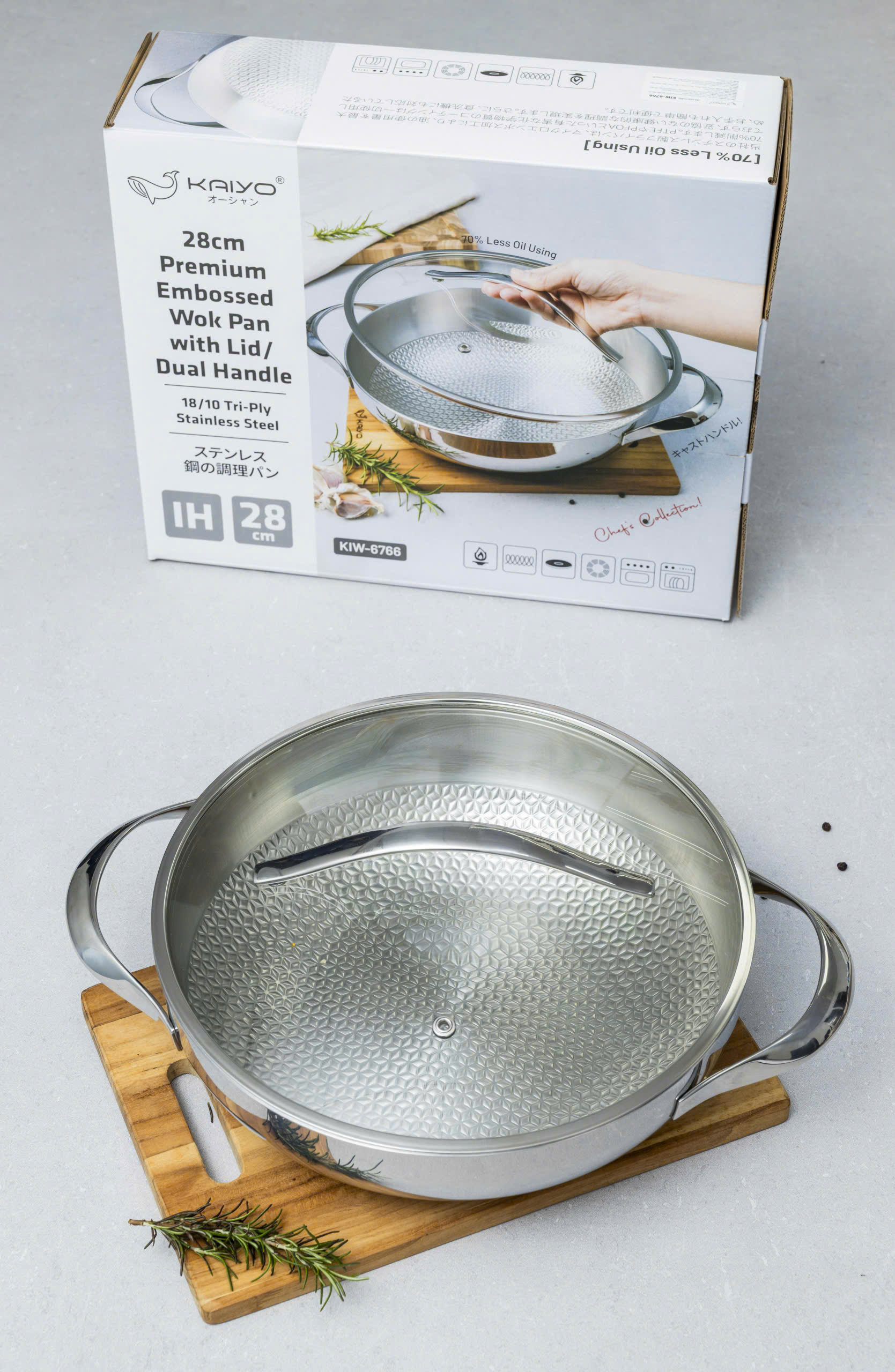Chảo đúc inox 3 lớp đáy liền dập nổi Kaiyo sâu lòng, 2 tay cầm, vung kính size 28cm [mã KIW-6766]