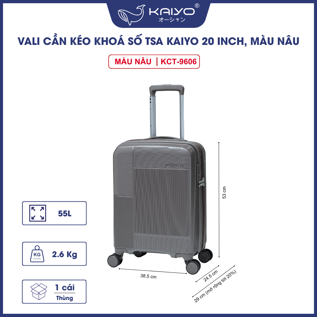 Vali cần kéo khoá số TSA Kaiyo 20inch, màu nâu [mã KCT-9606]