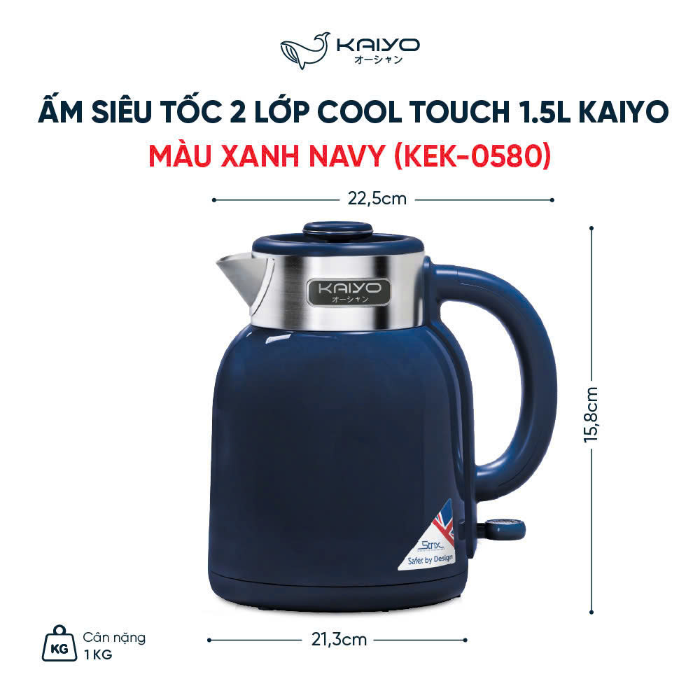 Ấm siêu tốc 2 lớp Cool touch Kaiyo 1.5L (Xanh Navy)