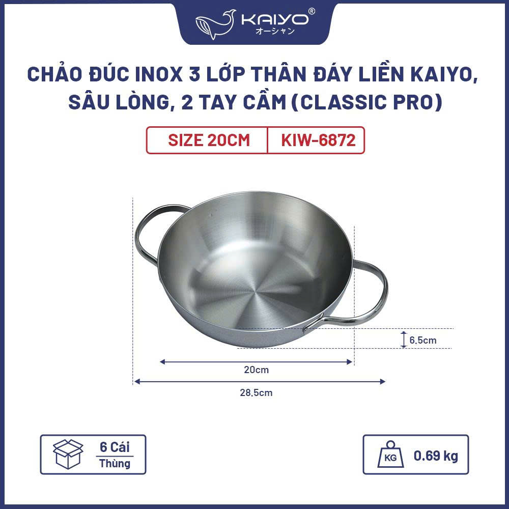 Chảo đúc inox 3 lớp thân đáy liền Kaiyo, sâu lòng, 2 tay cầm, size 20cm (Classic Pro) [KIW-6872]