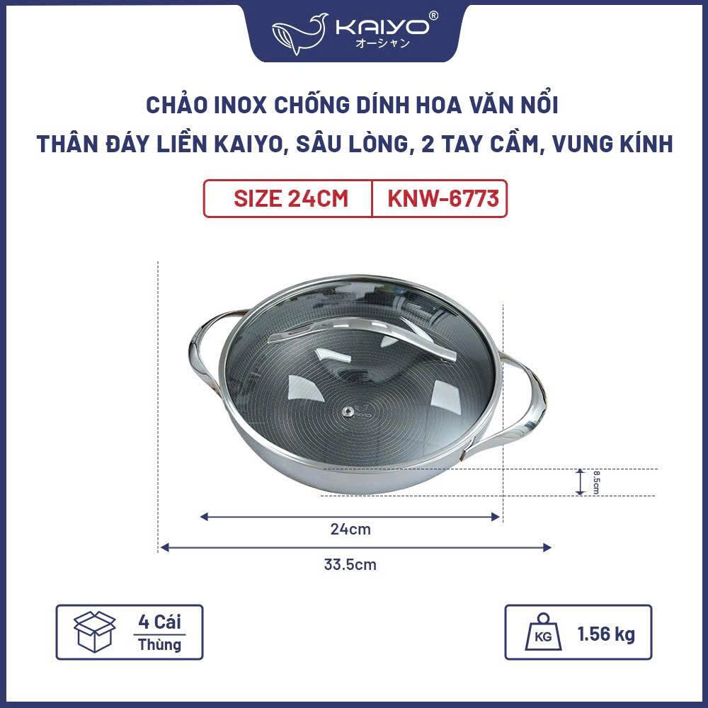 Chảo inox chống dính hoa văn nổi thân đáy liền Kaiyo, sâu lòng, 2 tay cầm, vung kính, size 24cm [KNW-6773]
