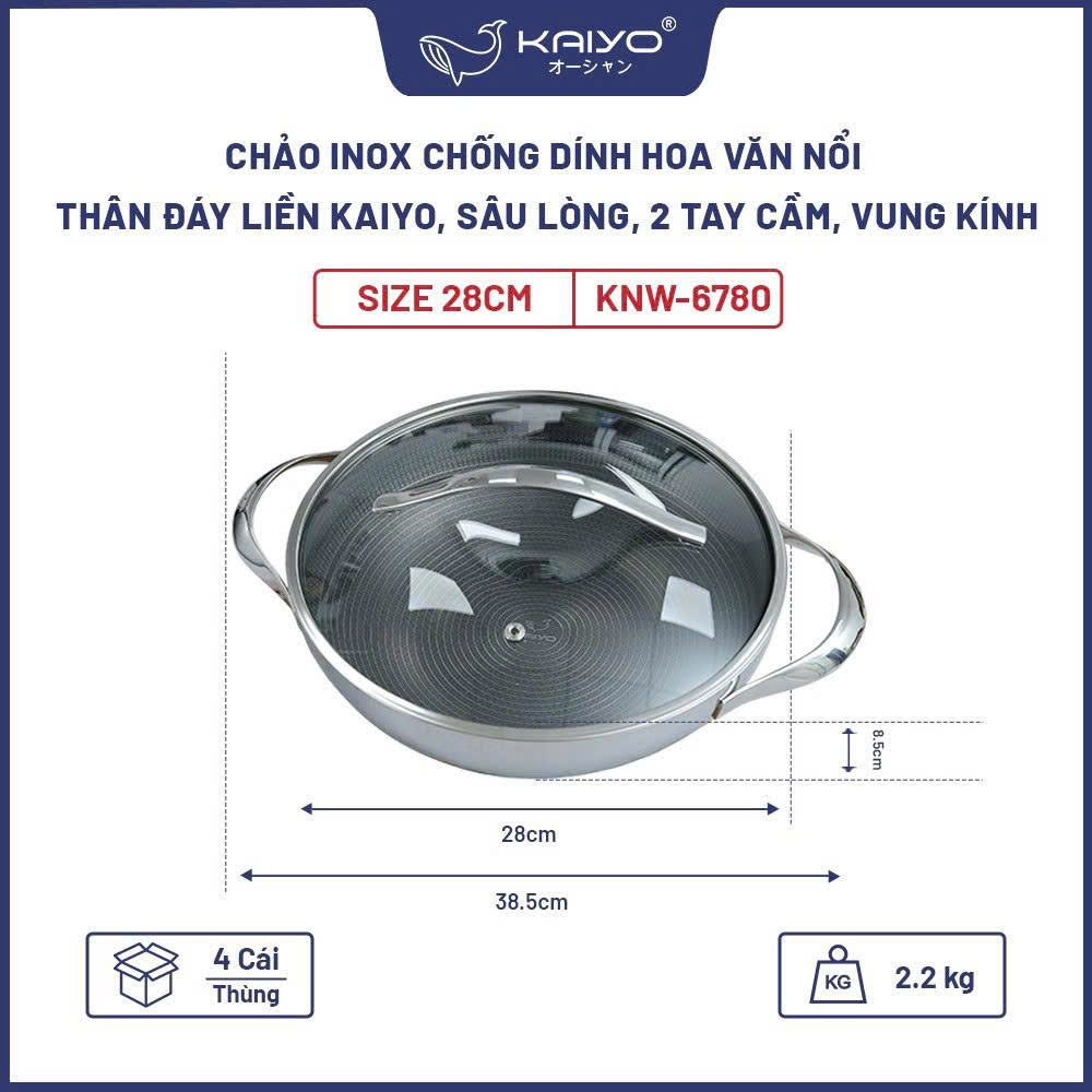 Chảo inox chống dính hoa văn nổi thân đáy liền Kaiyo, sâu lòng, 2 tay cầm, vung kính, size 28cm [KNW-6780]