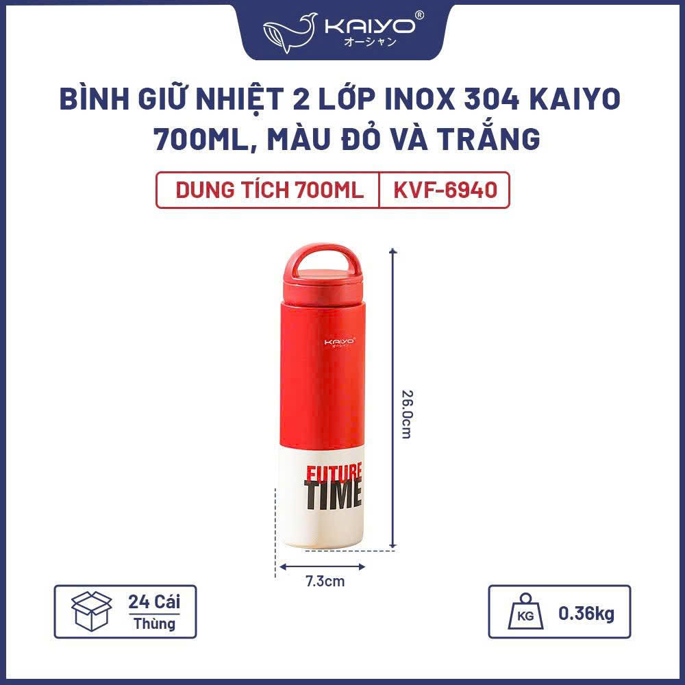 Bình giữ nhiệt hai lớp inox 304 Kaiyo, 700ml, màu đỏ và trắng [KVF-6940]