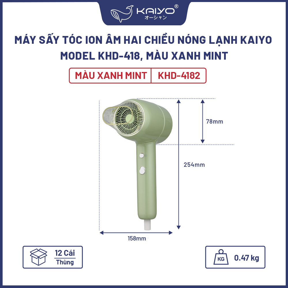 Máy sấy tóc ion âm hai chiều nóng lạnh Kaiyo, model KHD-418, màu xanh mint [mã KHD-4182]