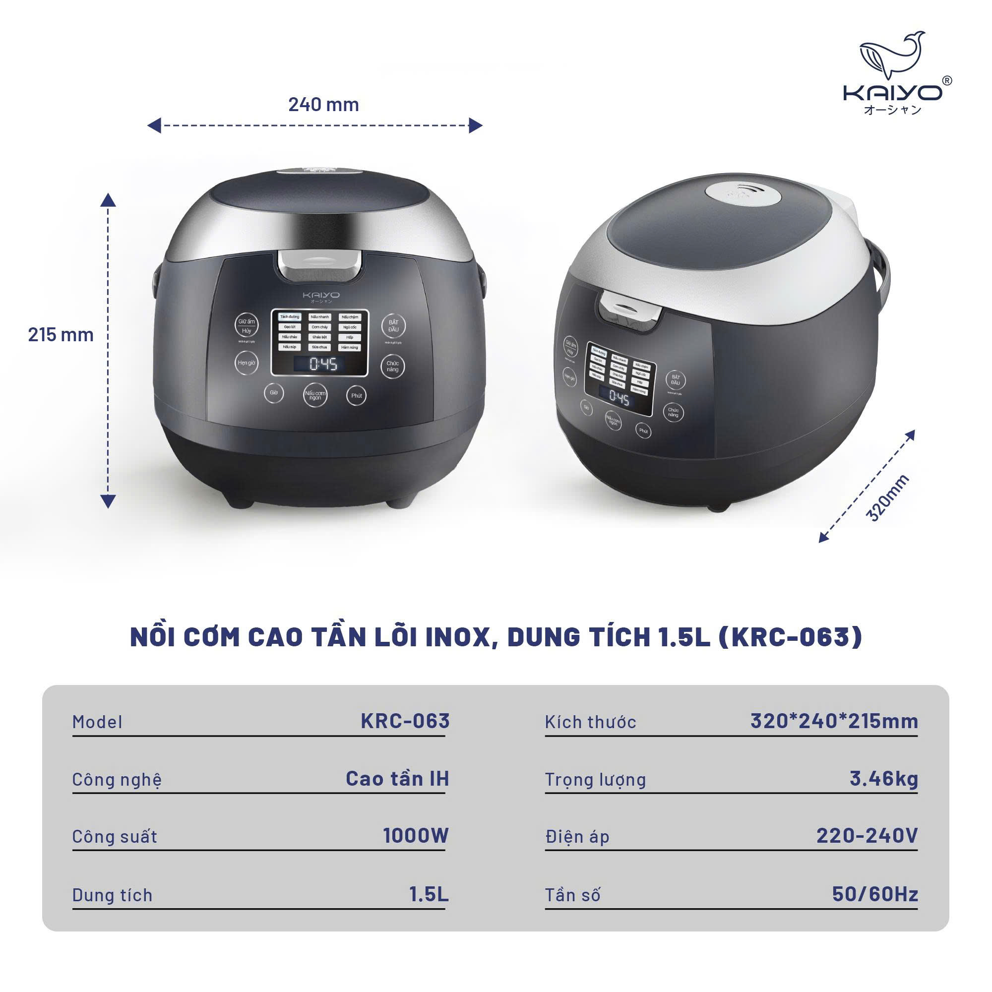 Nồi cơm cao tần lõi inox Kaiyo, dung tích 1,5L, model KRC-063