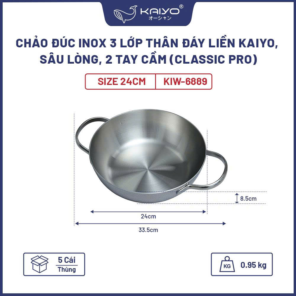 Chảo đúc inox 3 lớp thân đáy liền Kaiyo, sâu lòng, 2 tay cầm, size 24cm (Classic Pro) [KIW-6889]