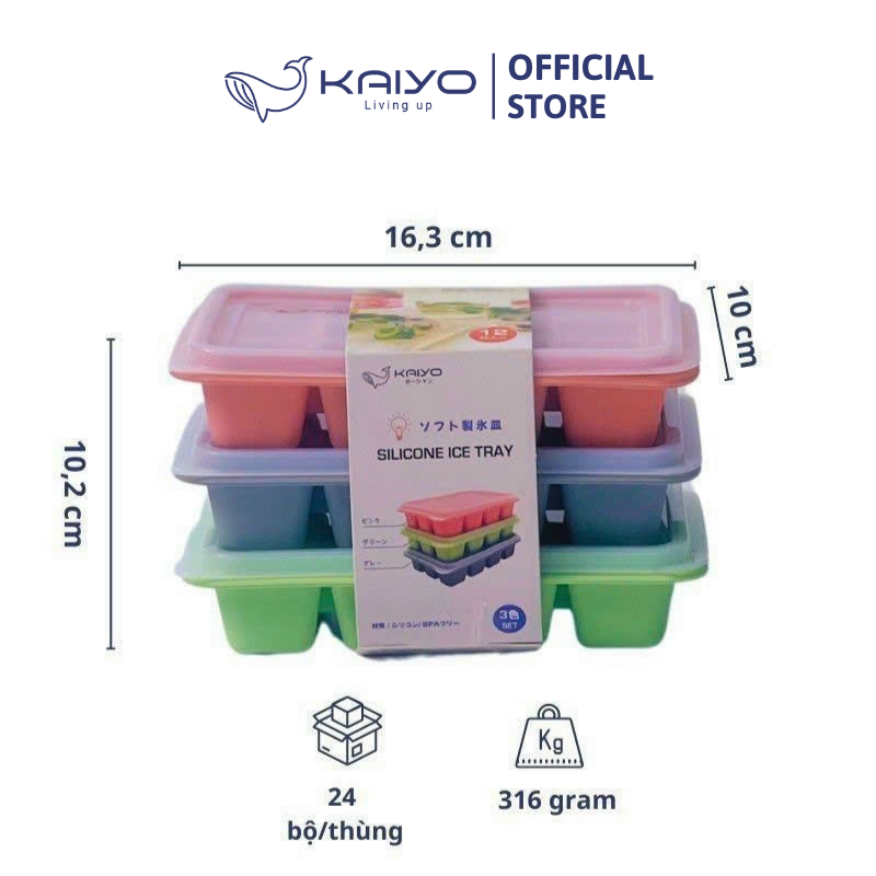 Set 3 khay làm đá bằng silicon Kaiyo, size 12 viên