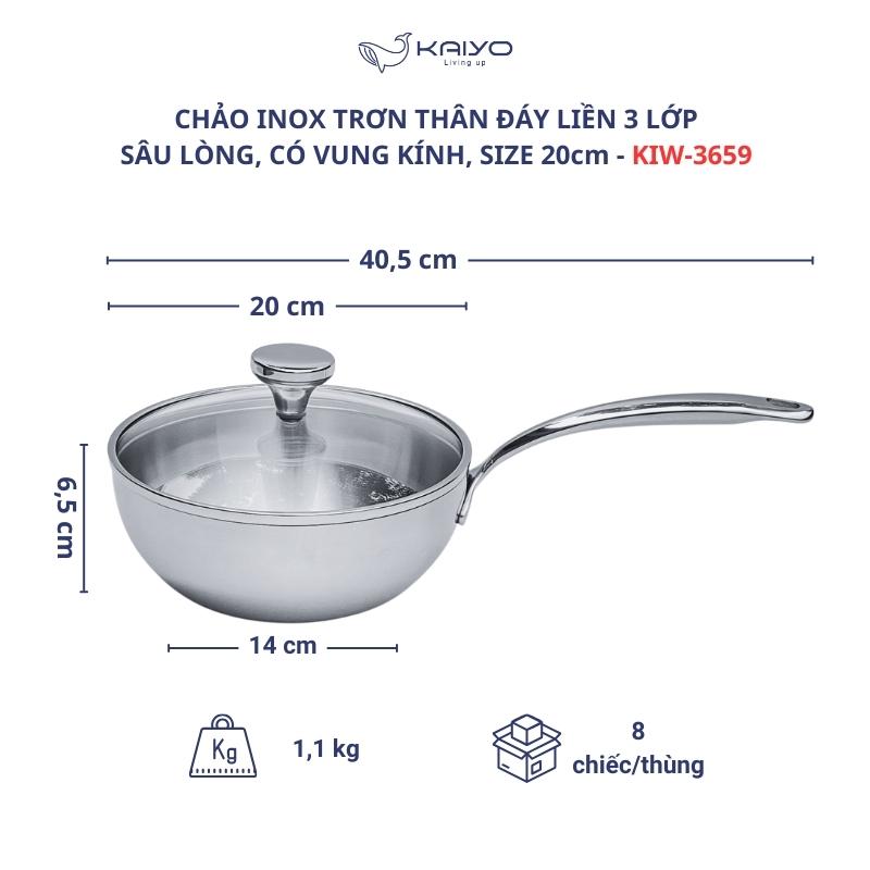 Chảo đúc inox sâu lòng 3 lớp đáy liền Tri-Ply Kaiyo size 20cm, có vung kính