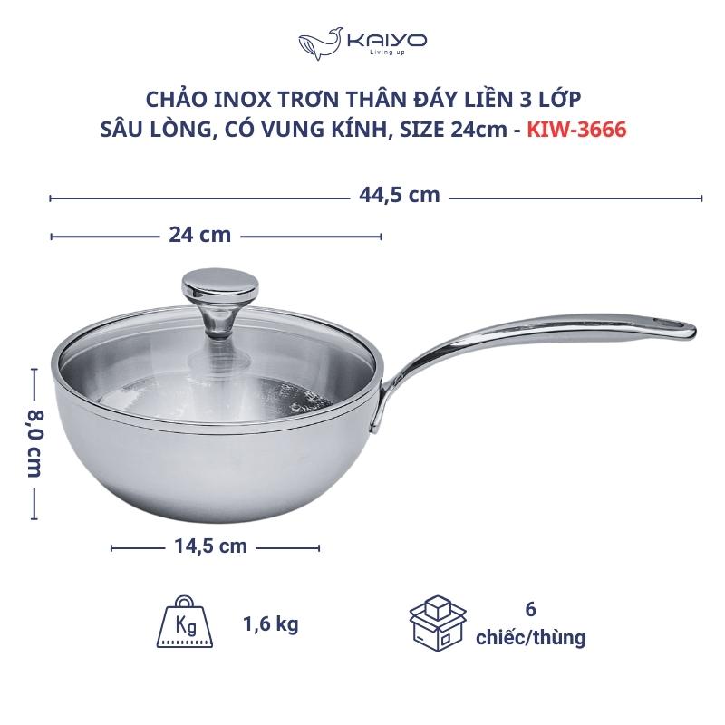 Chảo đúc inox sâu lòng 3 lớp đáy liền Tri-Ply Kaiyo size 24cm, có vung kính