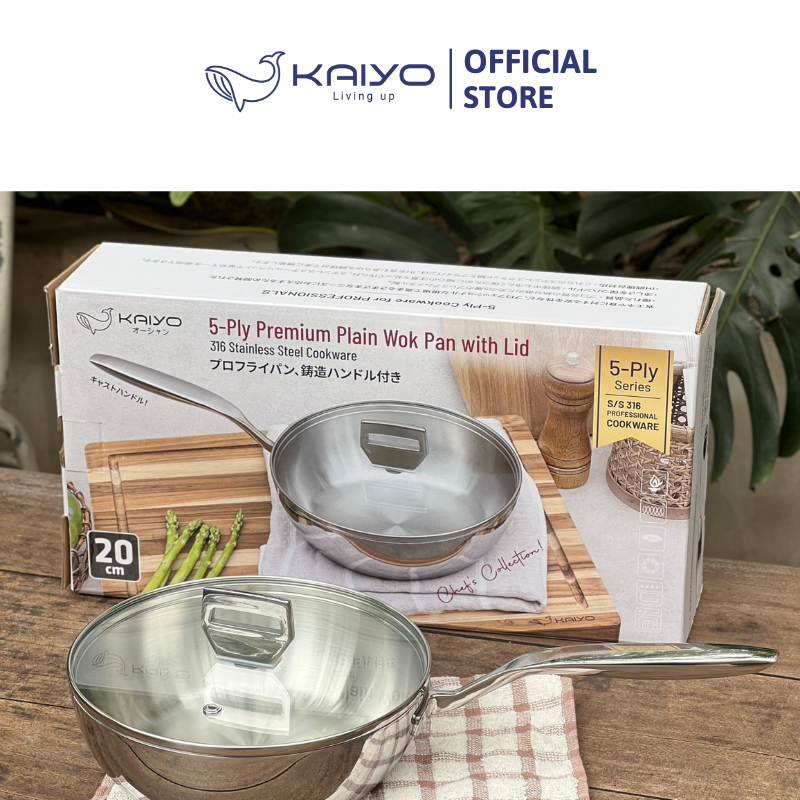 Chảo inox 316 liền khối 5-ply Premium Kaiyo-sâu lòng có vung kính 20cm