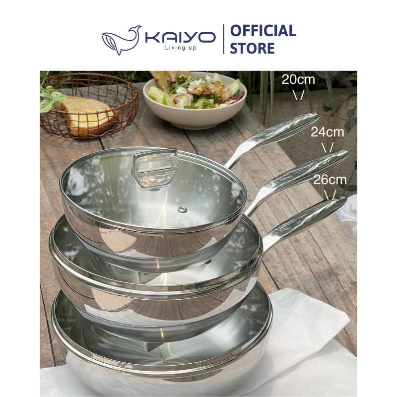 Chảo inox 316 liền khối 5-ply Premium Kaiyo-sâu lòng có vung kính 20cm