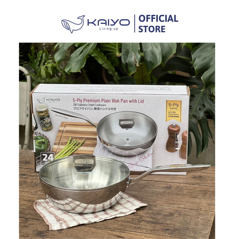 Chảo inox 316 liền khối 5-ply Premium Kaiyo -sâu lòng có vung kính 24cm